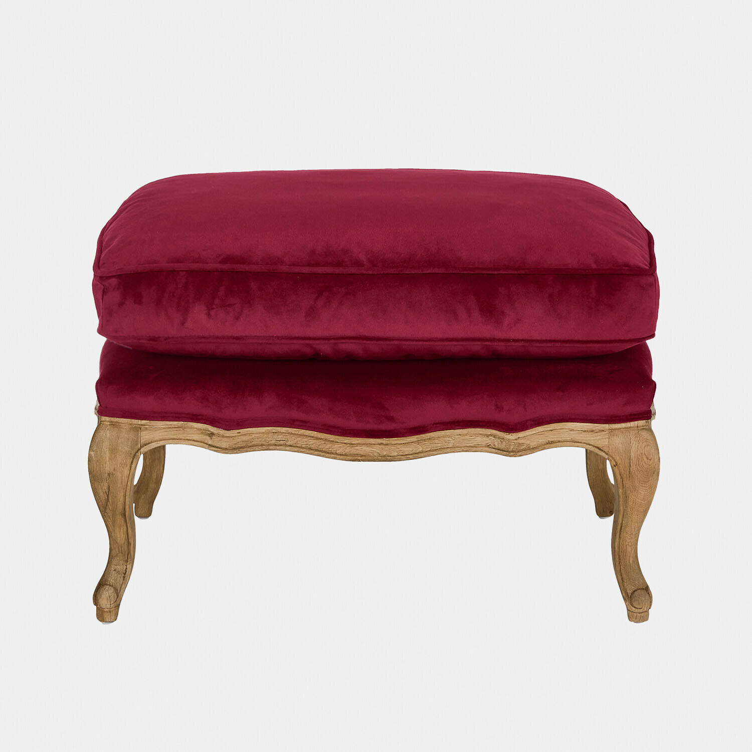 bordeaux/braun Hocker Corlay mit bordeauxrotem Samtbezug und braunem Holzgestell, elegantes Wohnzimmermöbel