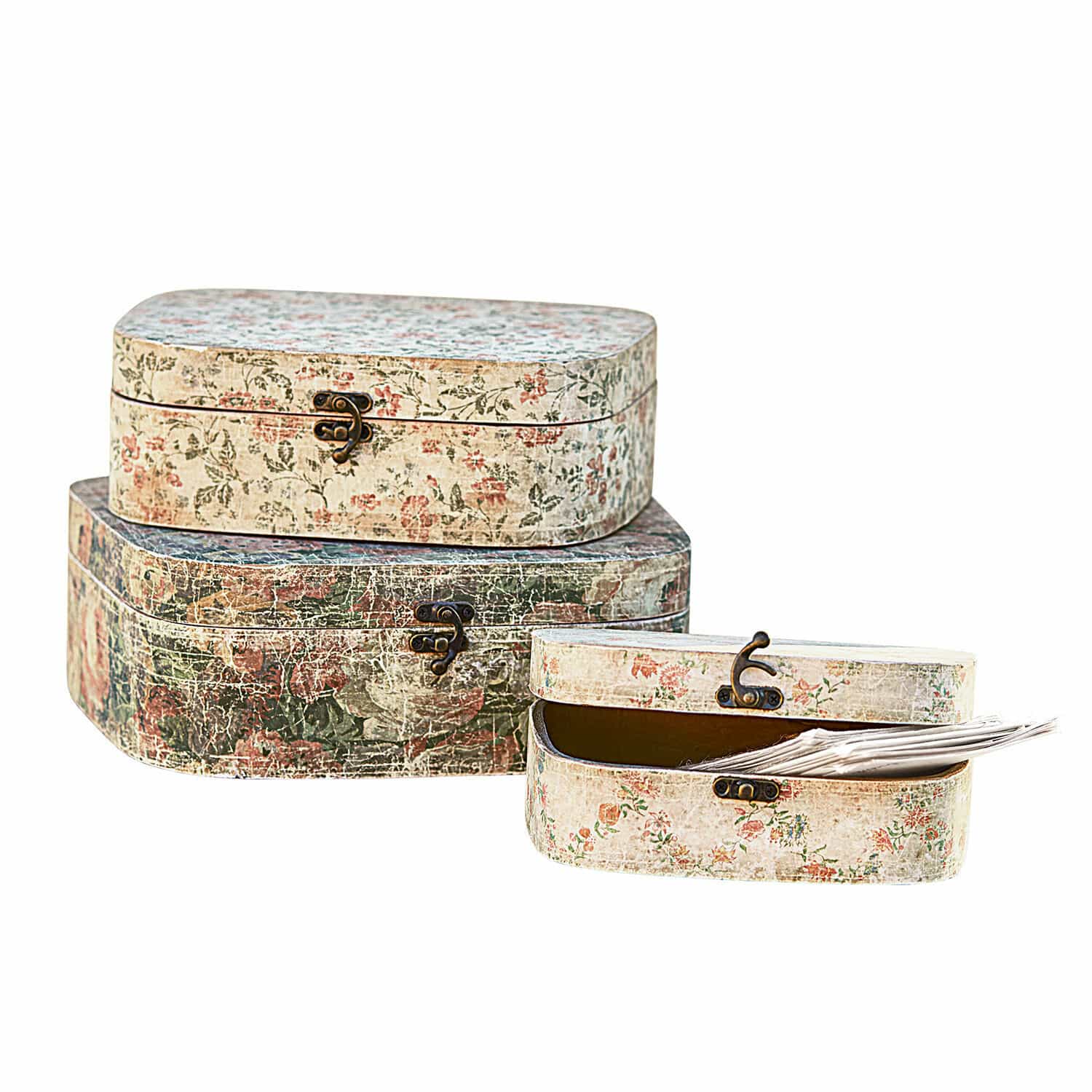 Box 3er Set Emmylou Drei dekorative Vintage-Boxen mit Metallverschlüssen und floralem Muster in Pastellfarben