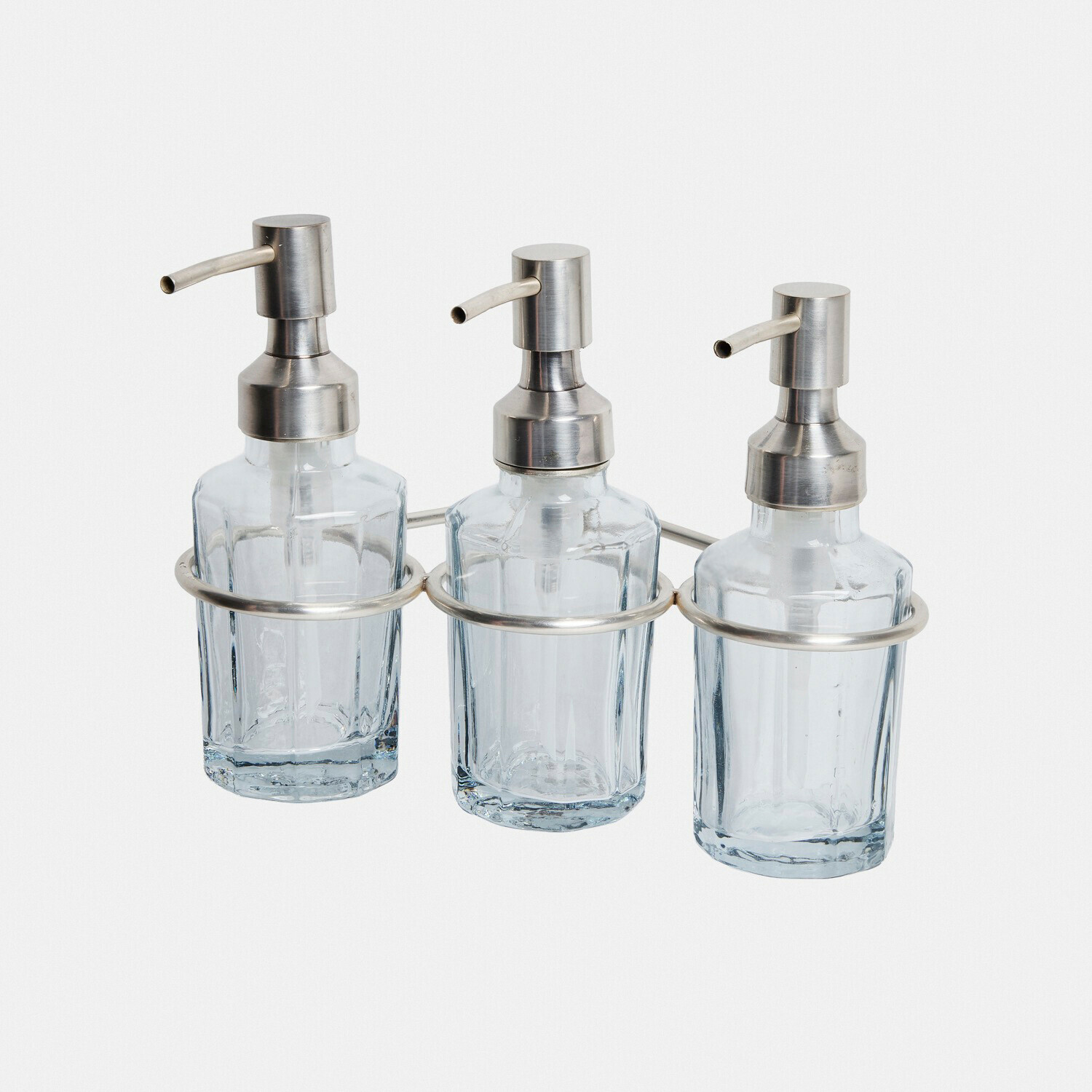 Seifenspender Virellane Set aus drei transparenten Glas-Spendern mit Metallpumpe und Wandhalterung