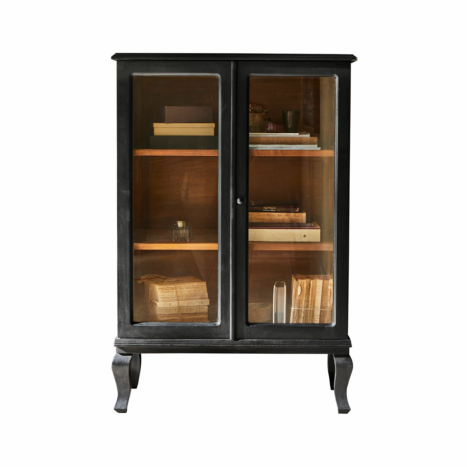 Kommode Westleigh Schwarzer Holzvitrinenschrank mit Glastüren und Regalen für Bücher und Dekoration