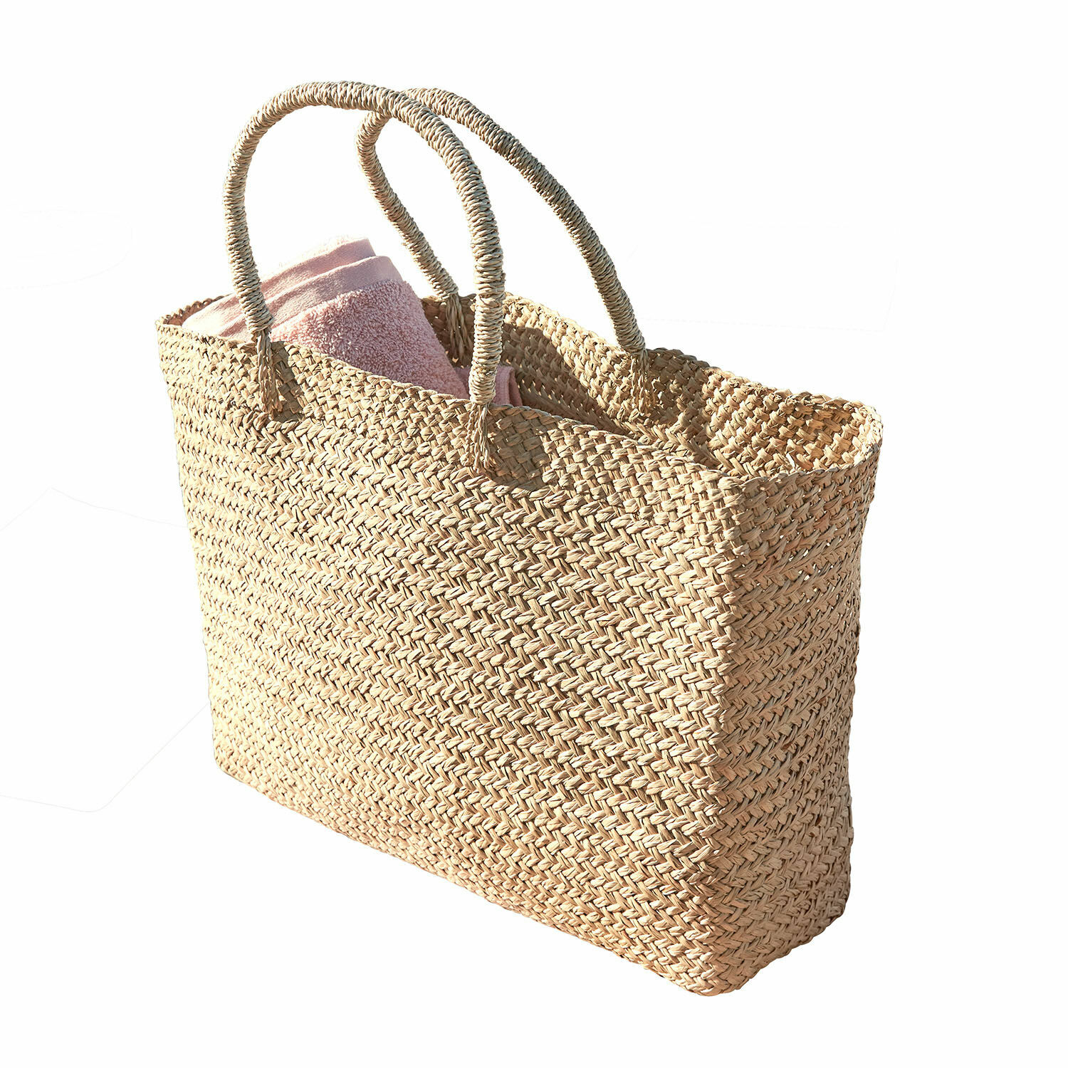 Tasche Ventresque Natürliche geflochtene Tasche aus Seegras mit rosa Handtuch, ideal für Strand und Einkäufe