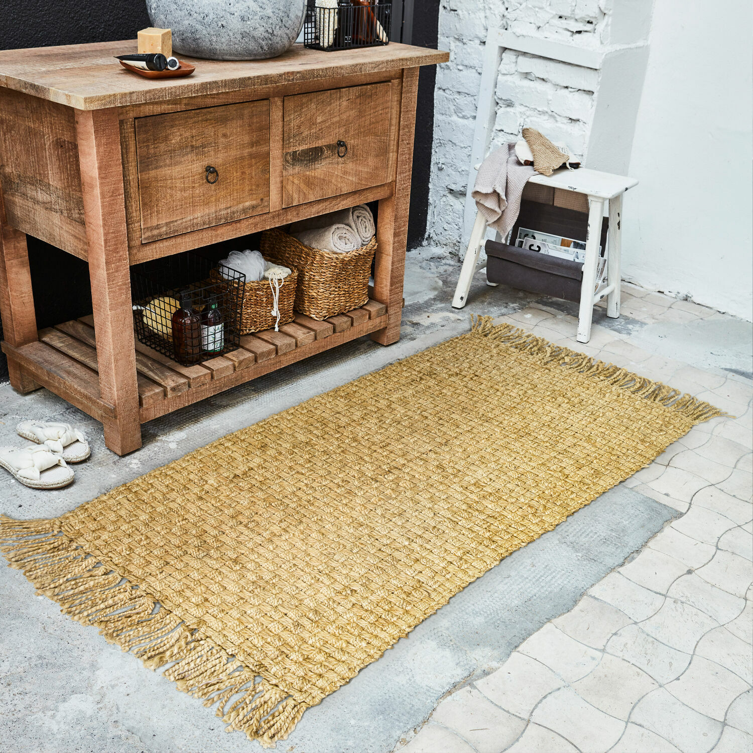 Läufer Moody Teppich aus natürlicher Jute in Honigfarbe mit Fransen, ideal für Wohnraum und Dekoration