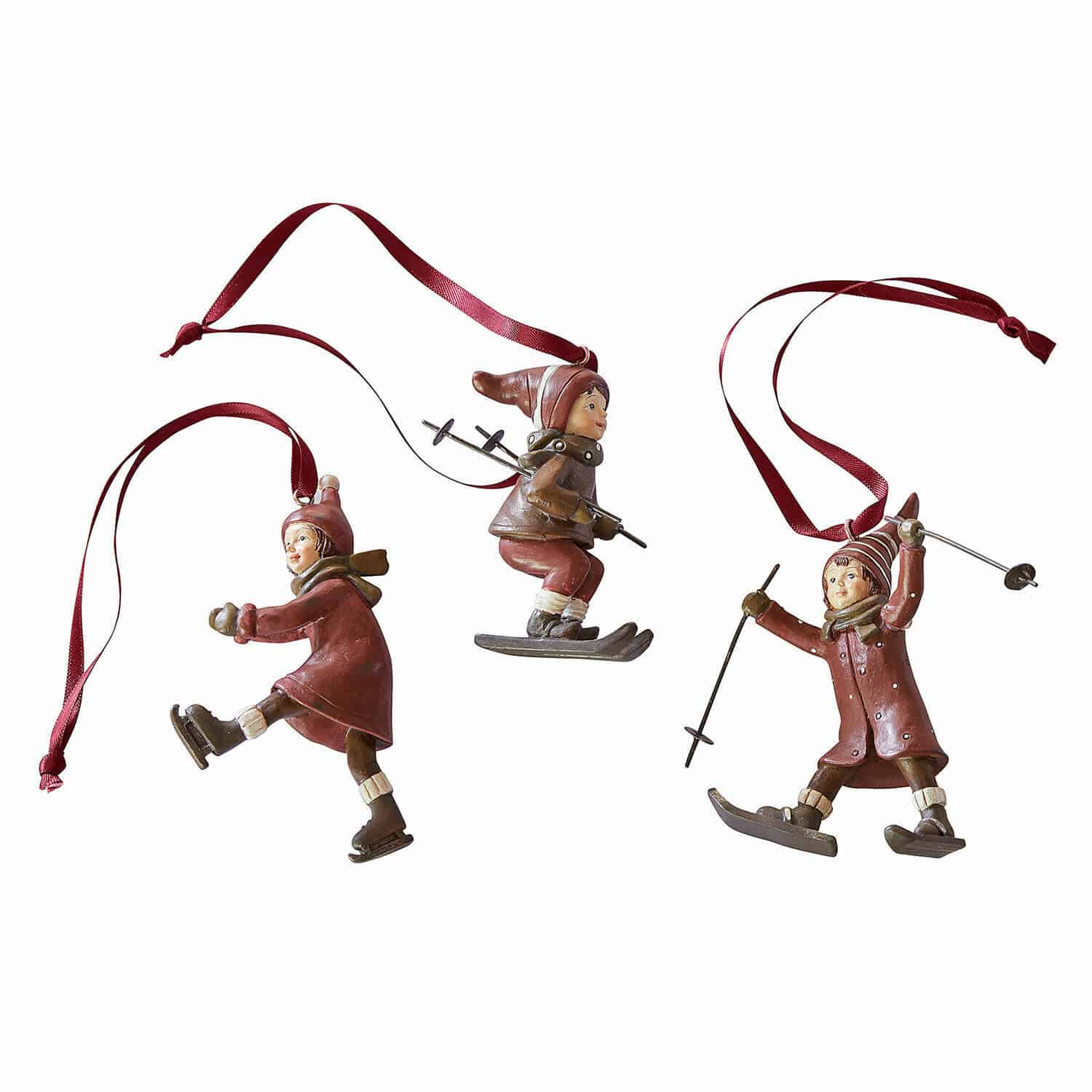 Anhänger 3er Set Bibury Set aus drei roten Weihnachtsanhängern mit Kindern beim Skifahren und Schlittschuhlaufen zur Dekoration