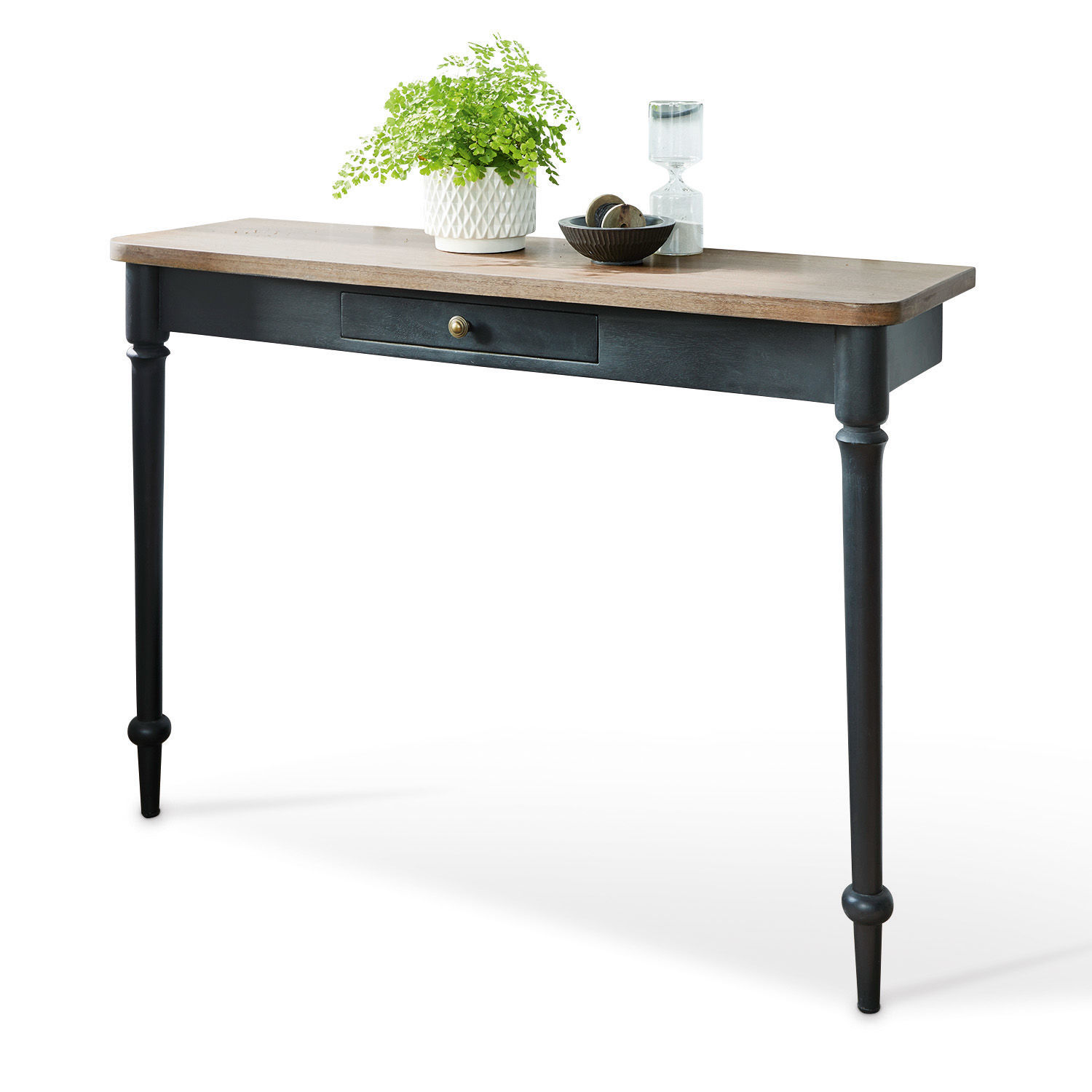 Konsole Jarobrod Schwarze Holz-Konsole mit hellem Holzplatte und Schublade, Vintage-Stil für Wohnzimmer