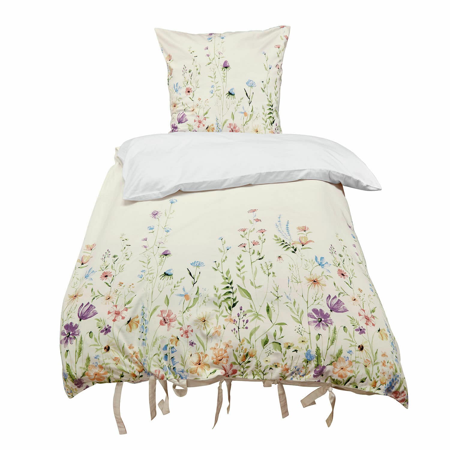 Bettwäsche Quervaux Bettwäsche aus Baumwolle in Creme mit buntem Blumenmuster und Bindebändern unten
