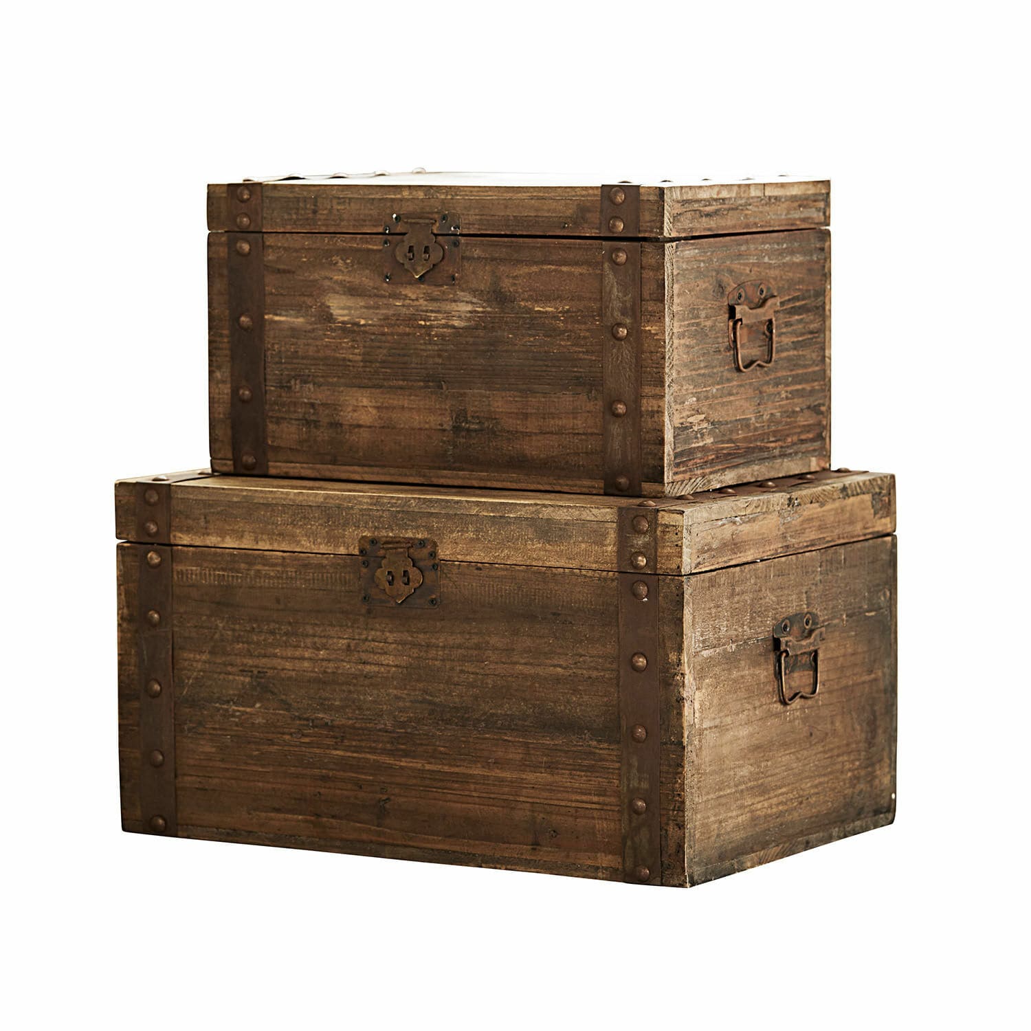 Truhe 2er Set Pratt Zwei braune Holzkisten mit Metallbeschlägen im Vintage-Stil, ideal für Aufbewahrung und Dekoration