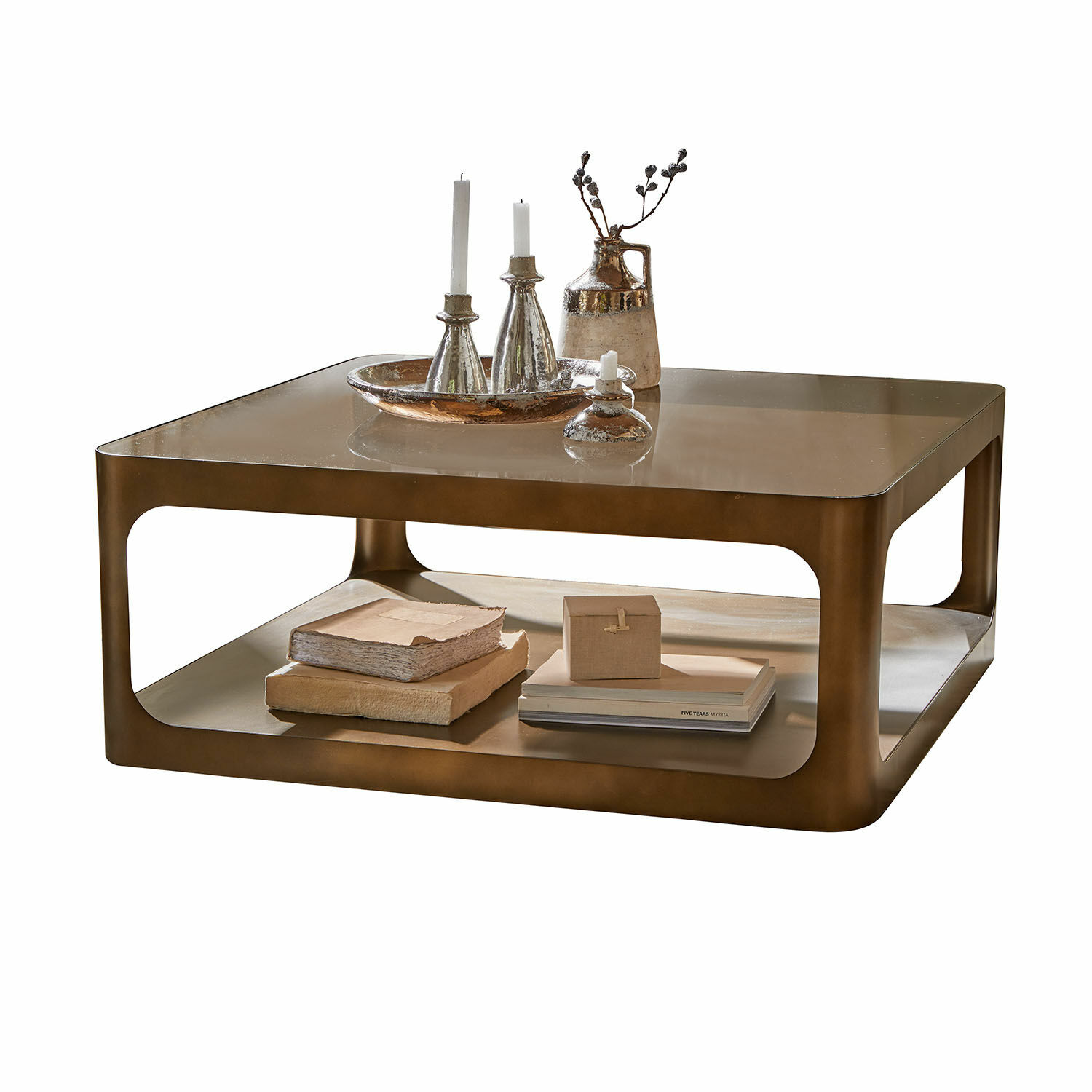 Couchtisch Bexington Quadratischer Couchtisch aus Metall in Messingfarbe mit Ablage und Dekorationen oben