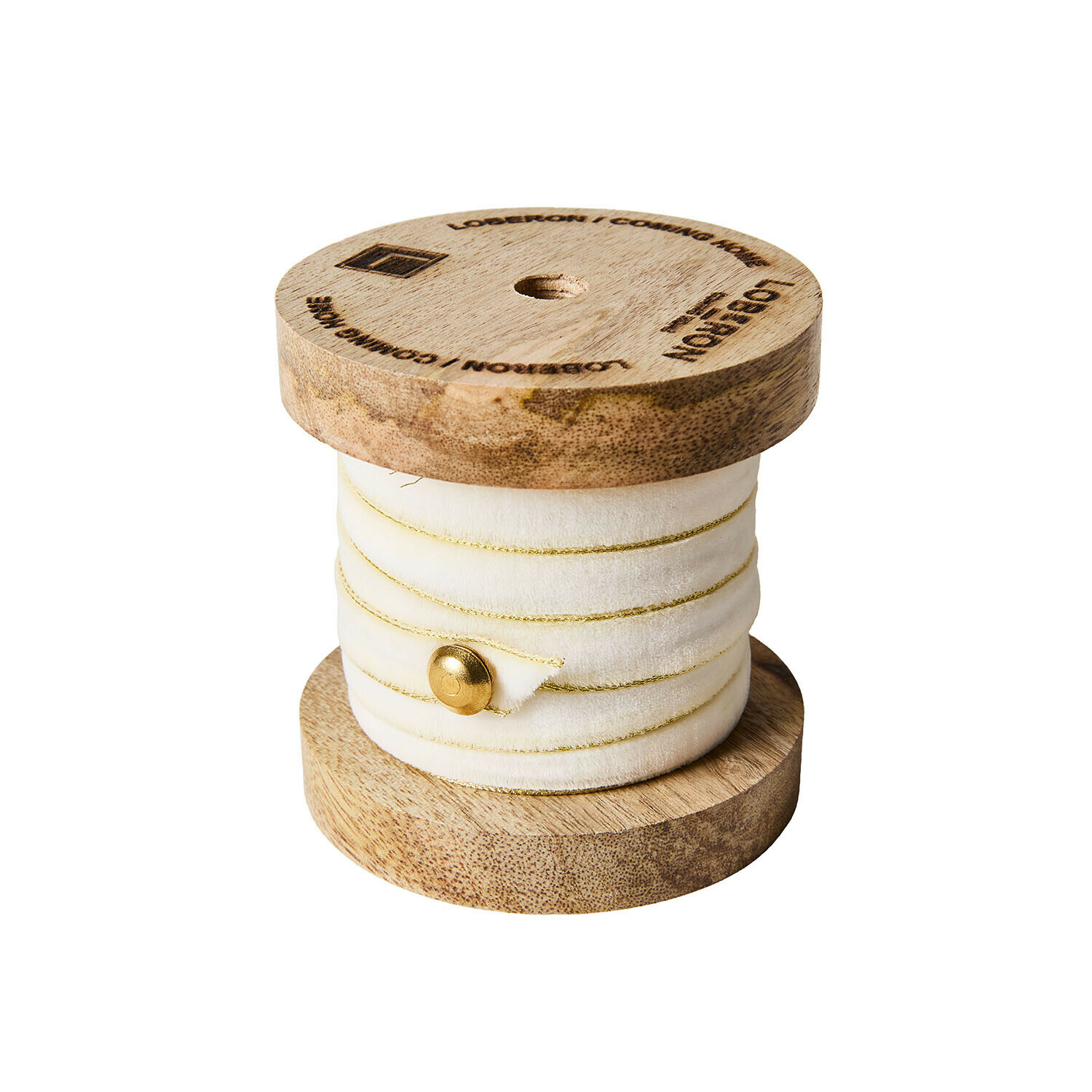 Cremefarbenes Samtband mit goldenem Rand auf Holzspule für Dekoration und Basteln