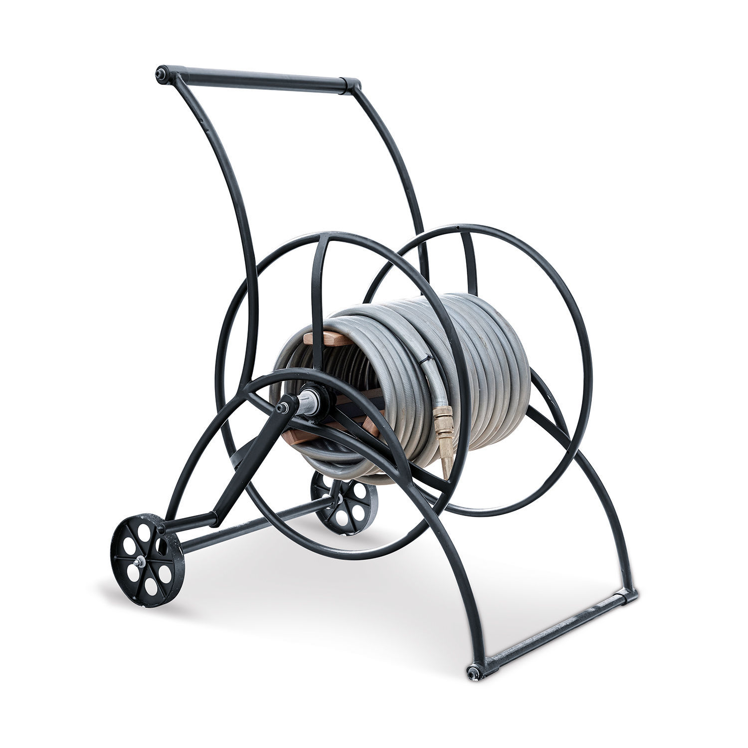 Schlauchwagen Middleby Schwarzer Metall-Schlauchwagen mit grauem Gartenschlauch zum einfachen Bewässern