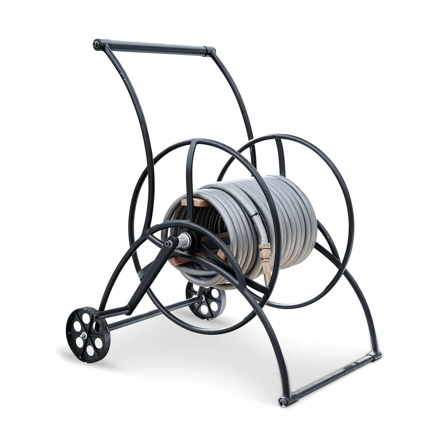 Schlauchwagen Middleby Schwarzer Metall-Schlauchwagen mit grauem Gartenschlauch zum einfachen Bewässern
