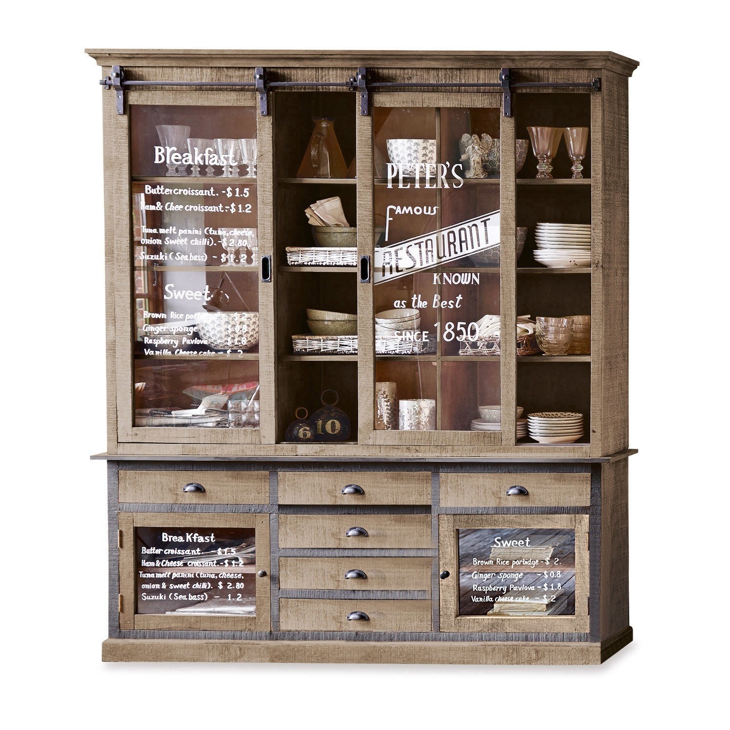 Schrank Peter´s Großer Holzvitrinenschrank mit Schiebetüren aus Glas und Regalen für Geschirr im Vintage-Stil