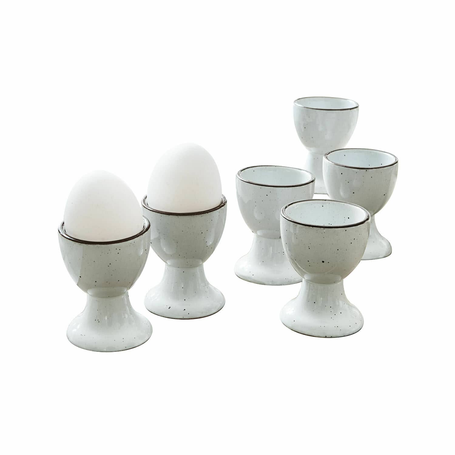 Eierbecher 6er Set Biarré Set aus sechs weißen Keramik-Eierbechern mit feiner schwarzer Sprenkelung und Rand