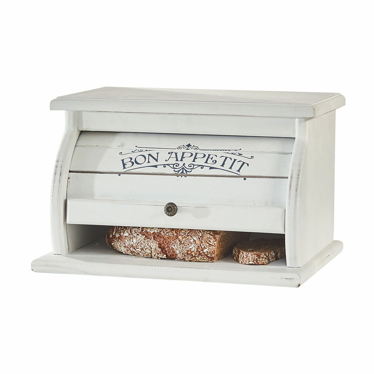 Brotbox Bon Appetit Weißer Brotkasten aus Holz mit Aufschrift Bon Appetit und Stauraum für Brot im Landhausstil