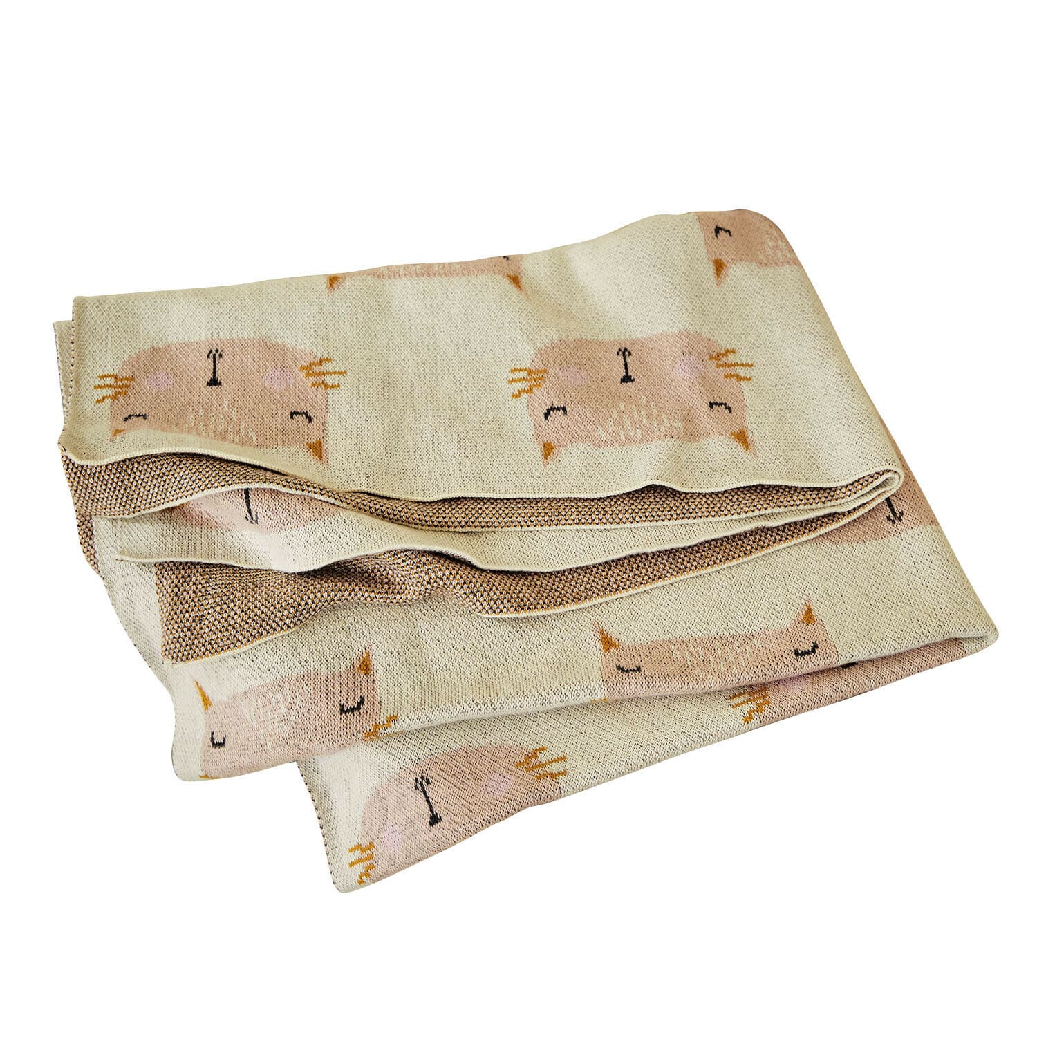 Katzendecke Layouna Beige Kuscheldecke aus weichem Stoff mit pastellfarbenem Katzenkopf-Motiv, dekorativ und gemütlich