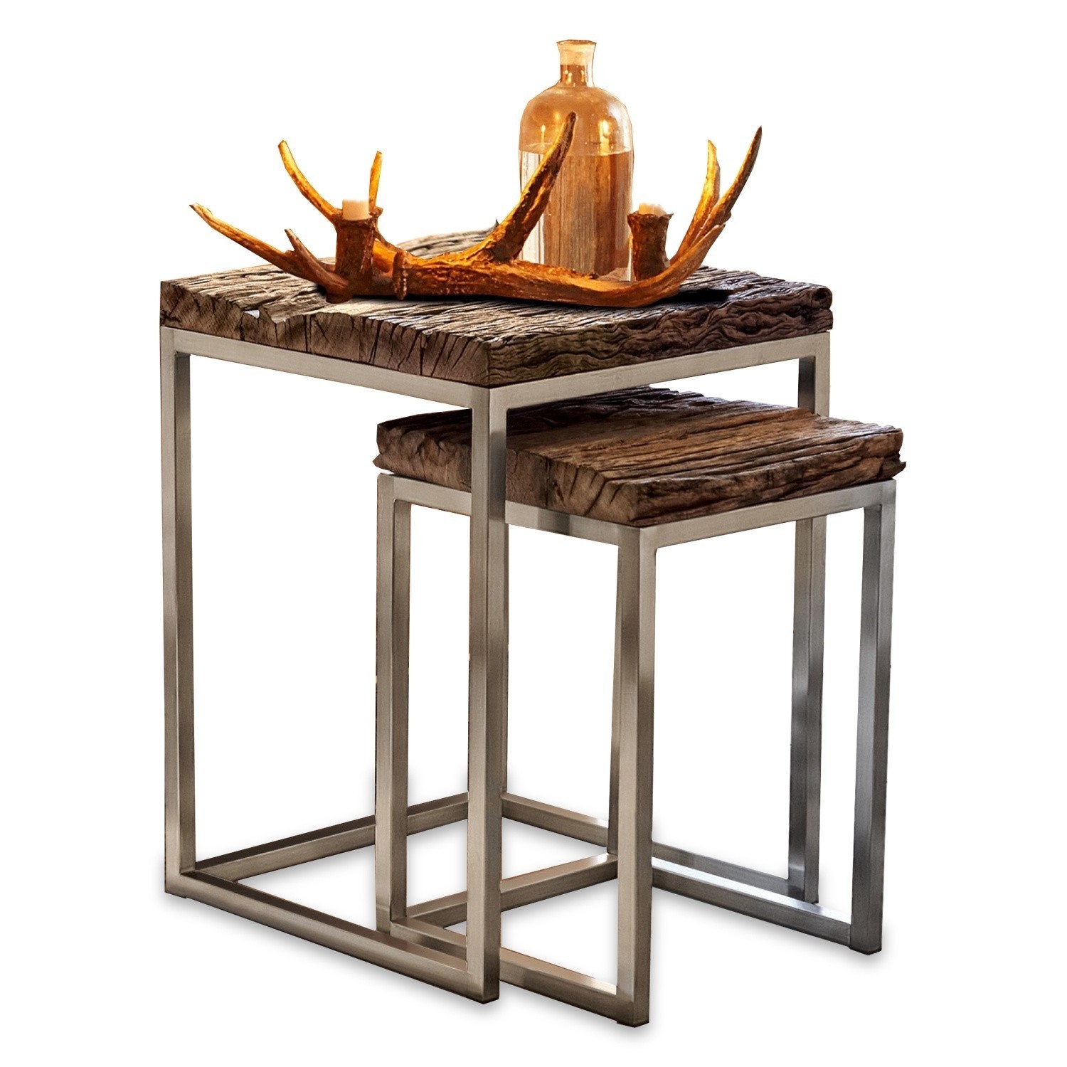 Beistelltisch 2er Set Corbyn Zweier-Set Tische mit dunkler Holzplatte und Metallgestell, modernes Design für Wohnzimmer