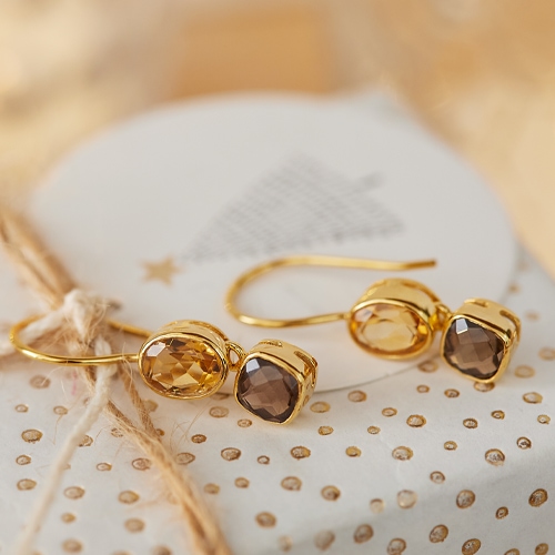 Goldene Ohrringe mit zwei braunen Steinen, elegante Schmuckstücke als Geschenk