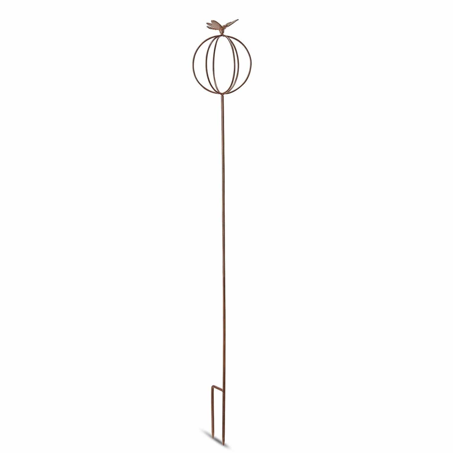 Gartenstab Libelle Gartendeko aus rostigem Metall mit kugelförmiger Verzierung und Vogel oben