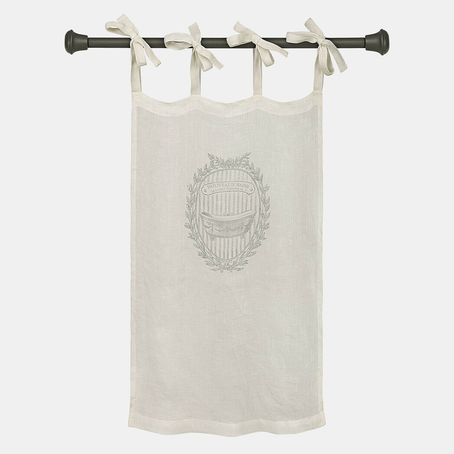 Scheibengardine Isorelle Beige Leinenvorhang mit Vintage-Druck und Schleifen an schwarzer Gardinenstange zur Fensterdekoration