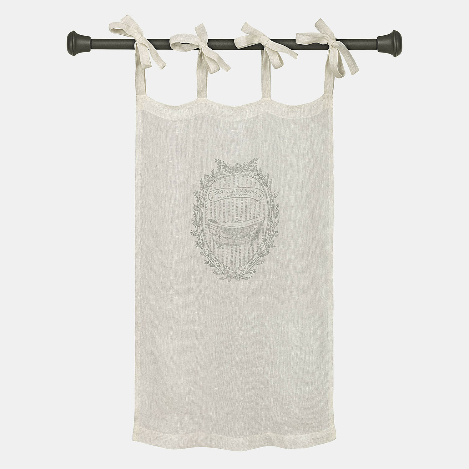 Scheibengardine Isorelle Beige Leinenvorhang mit Vintage-Druck und Schleifen an schwarzer Gardinenstange zur Fensterdekoration