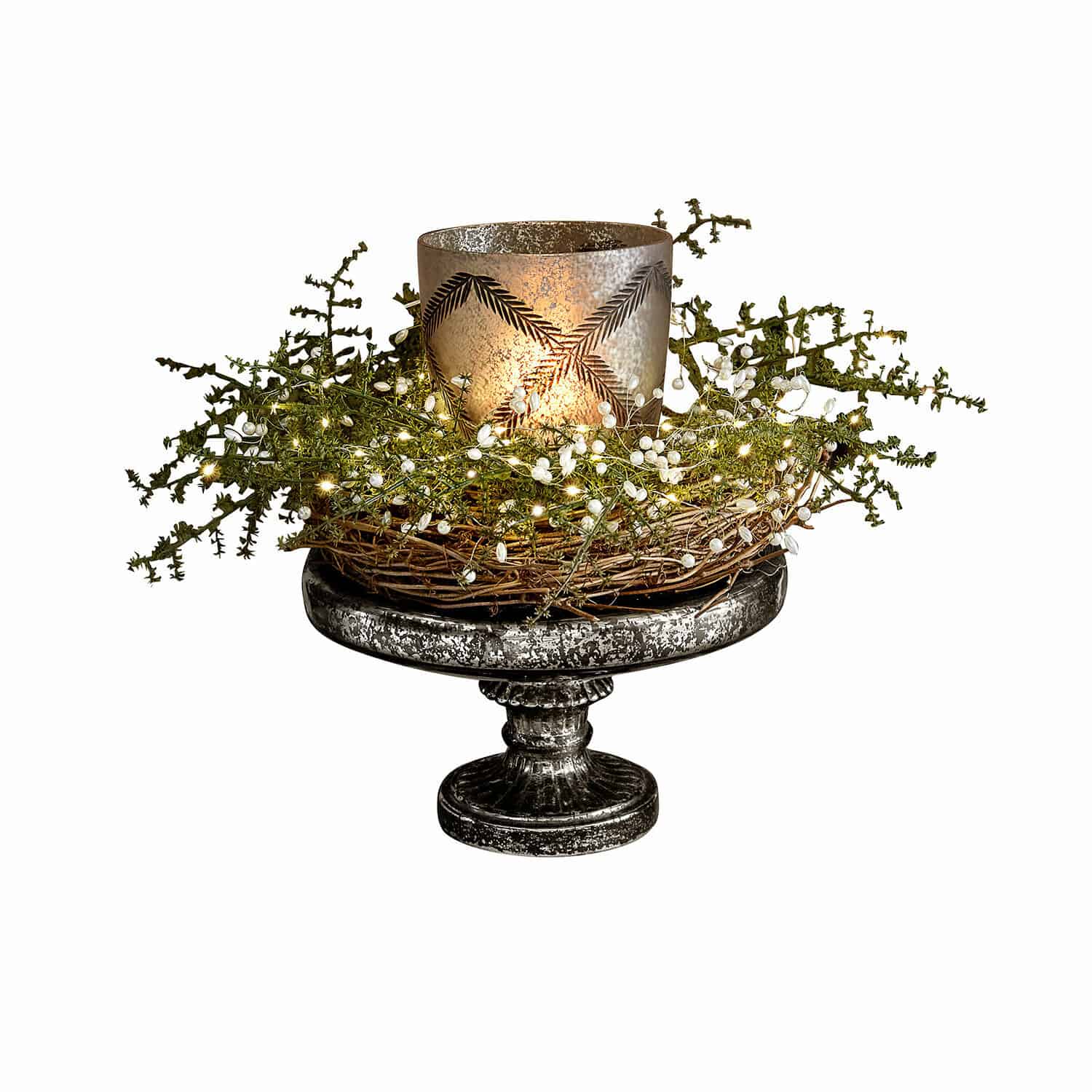 Etagere Incantesse Dekorativer Glas-Metall-Kerzenhalter mit grünen Zweigen und weißen Dekorationen auf Sockel