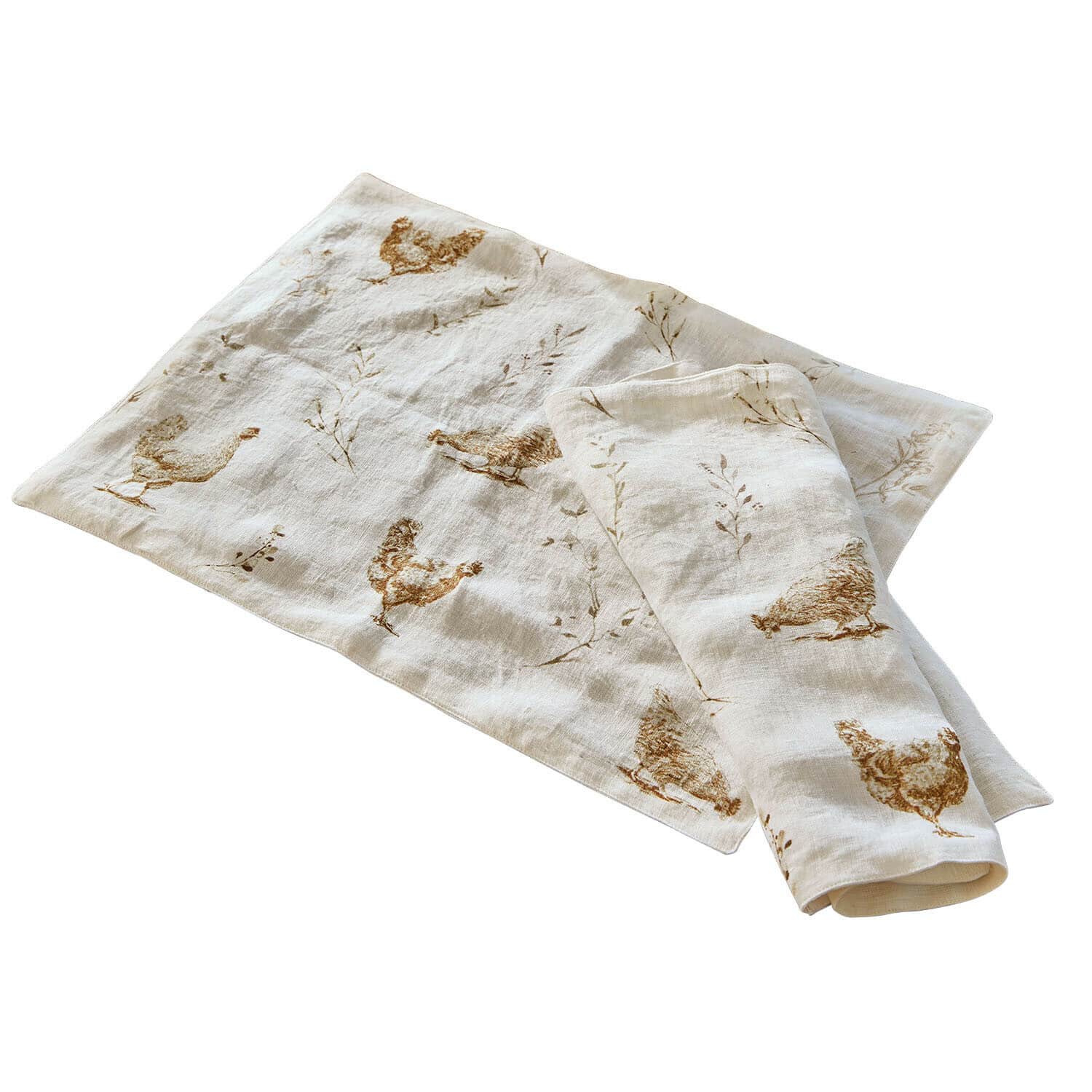 Leinen-Tischläufer in Ecru mit braunen Hühner-Motiven, rustikale Tischdekoration