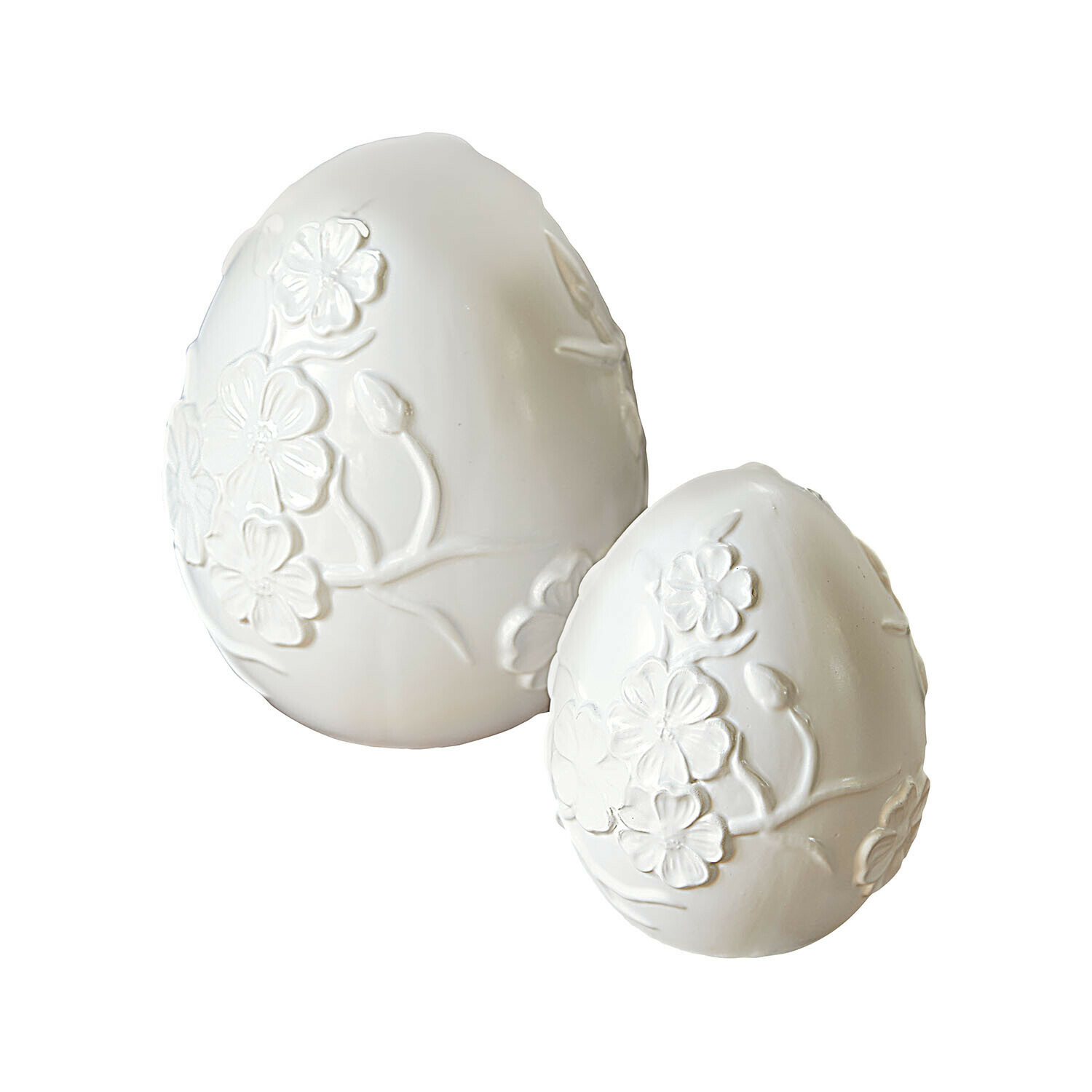 Weiße Keramik-Eier mit floralem Relief, dekorative Osterdekoration für Zuhause