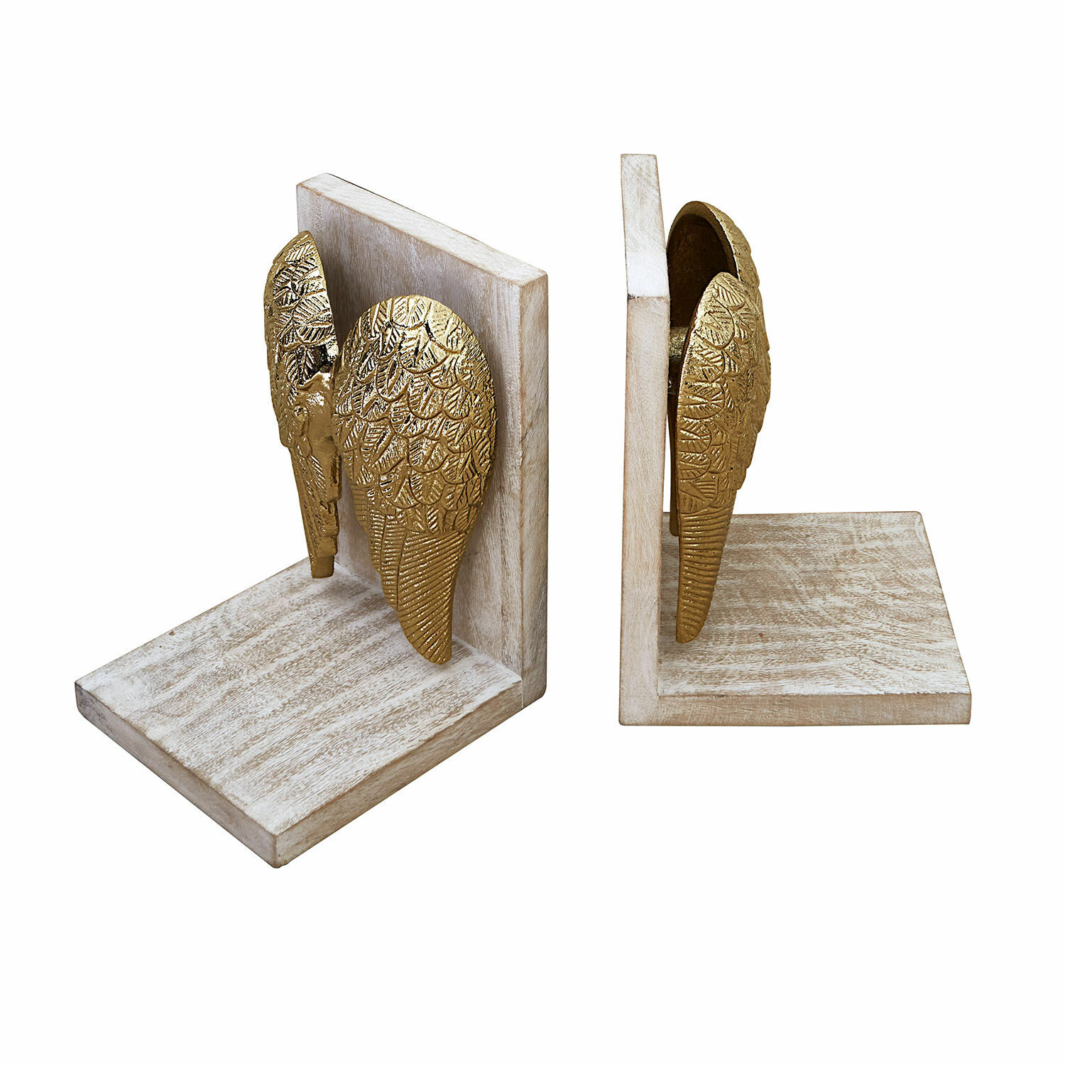 Buchstütze 2er Set Lunelles Paar Buchstützen aus Holz mit goldenen Flügeln, dekoratives Wohnaccessoire