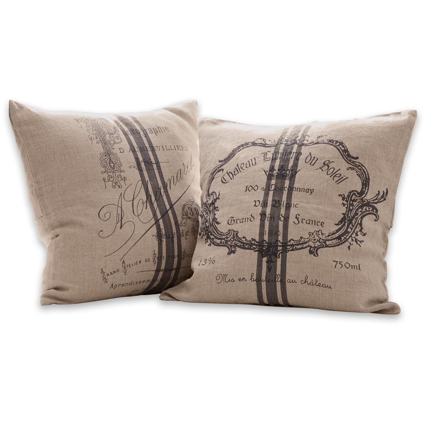 Kissenhülle 2er Set Jourdain Beige Leinenkissen mit schwarzem Vintage-Druck und Streifen, rustikaler Dekostil