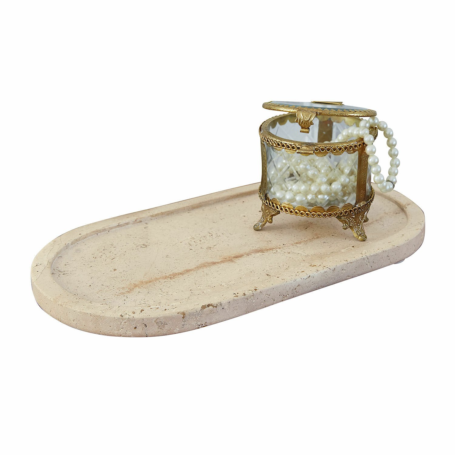 Schale Thalina Ovales Tablett aus Stein mit verziertem Glas-Schmuckkästchen und Perlenkette