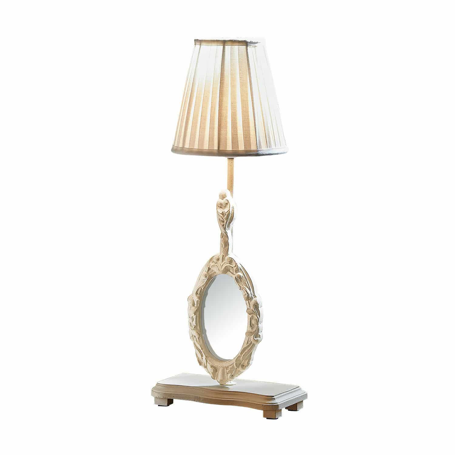 Tischlampe mit Spiegel Brannach Tischlampe aus weißem Holz mit Lampenschirm und verziertem ovalem Spiegel im Vintage-Stil