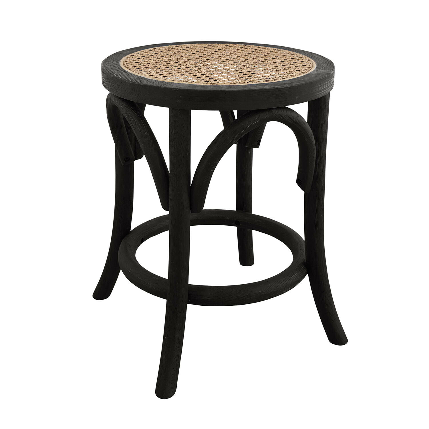 Schwarzer Hocker Kary mit braunem Rattansitz, Holzstuhl für Wohn- und Gartenbereich