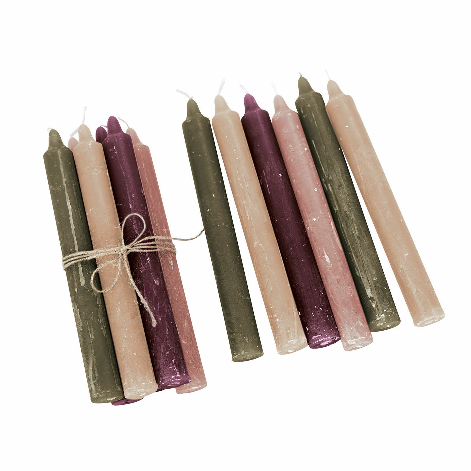 Kerze 12er Set Bauceau Set aus grünen, rosa und violetten Stabkerzen zur Wohnraumdekoration