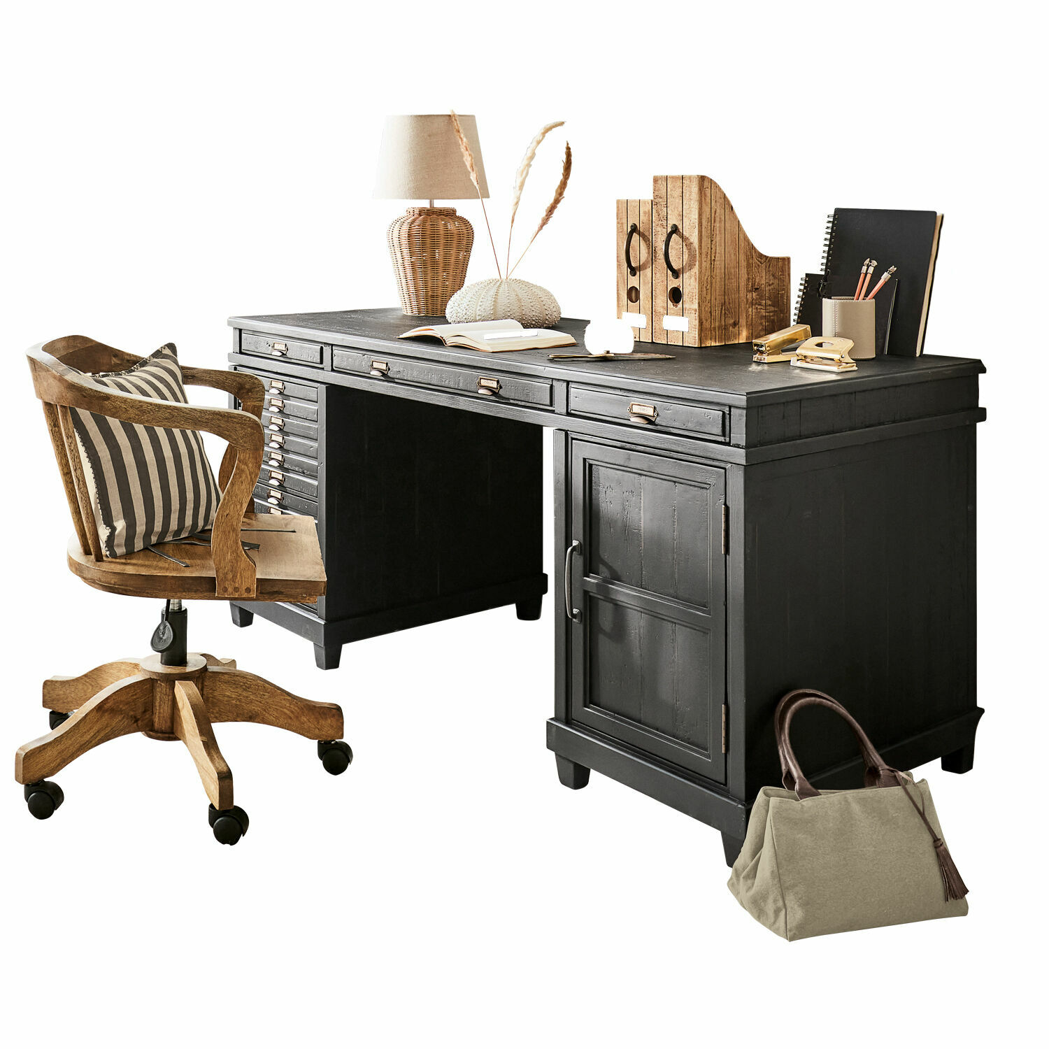 Schreibtisch Brevilliers Schwarzer Holzschreibtisch mit Schubladen und natürlichen Accessoires, stilvolles Home-Office-Möbel