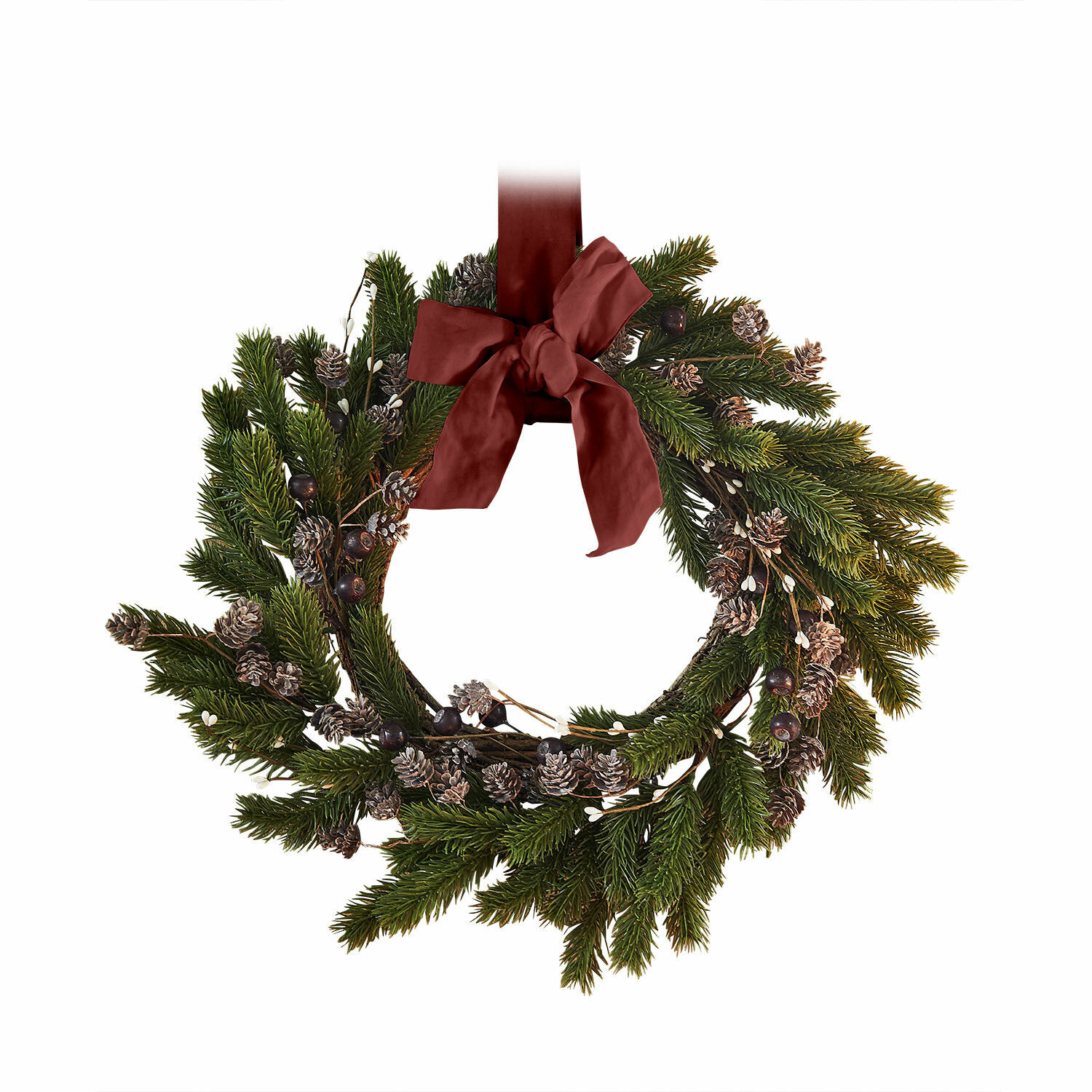 Kranz Lyandra Weihnachtskranz aus grünen Zweigen, Zapfen und bordeauxroter Schleife als festliche Dekoration