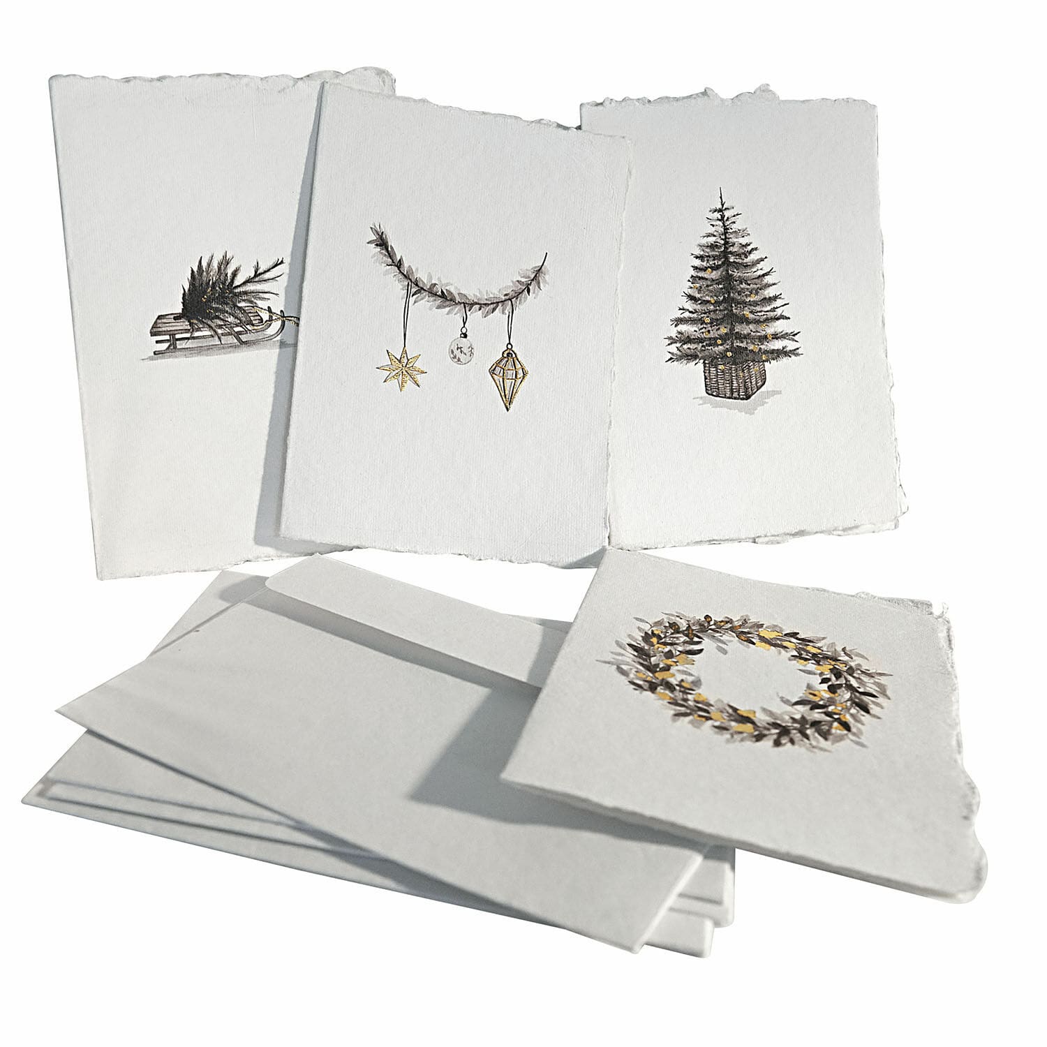 Geschenkkarte 4er Set Aelindor Set Weihnachtskarten mit Tannenbaum-, Kranz- und Dekorationsmotiven auf weißem Papier mit gezackten Rändern