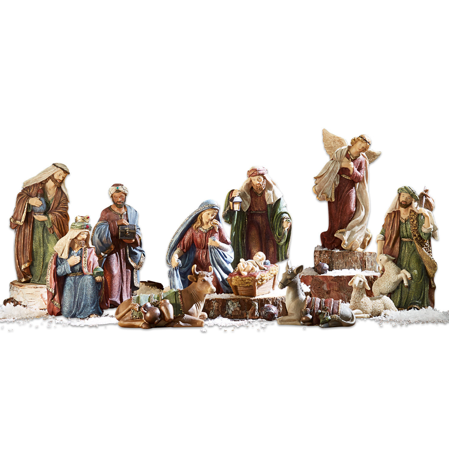 Krippenfiguren 11er Set Christi Krippenfiguren-Set aus Holz in natürlichen Farben mit Heiligen und Tieren auf Kunstschnee
