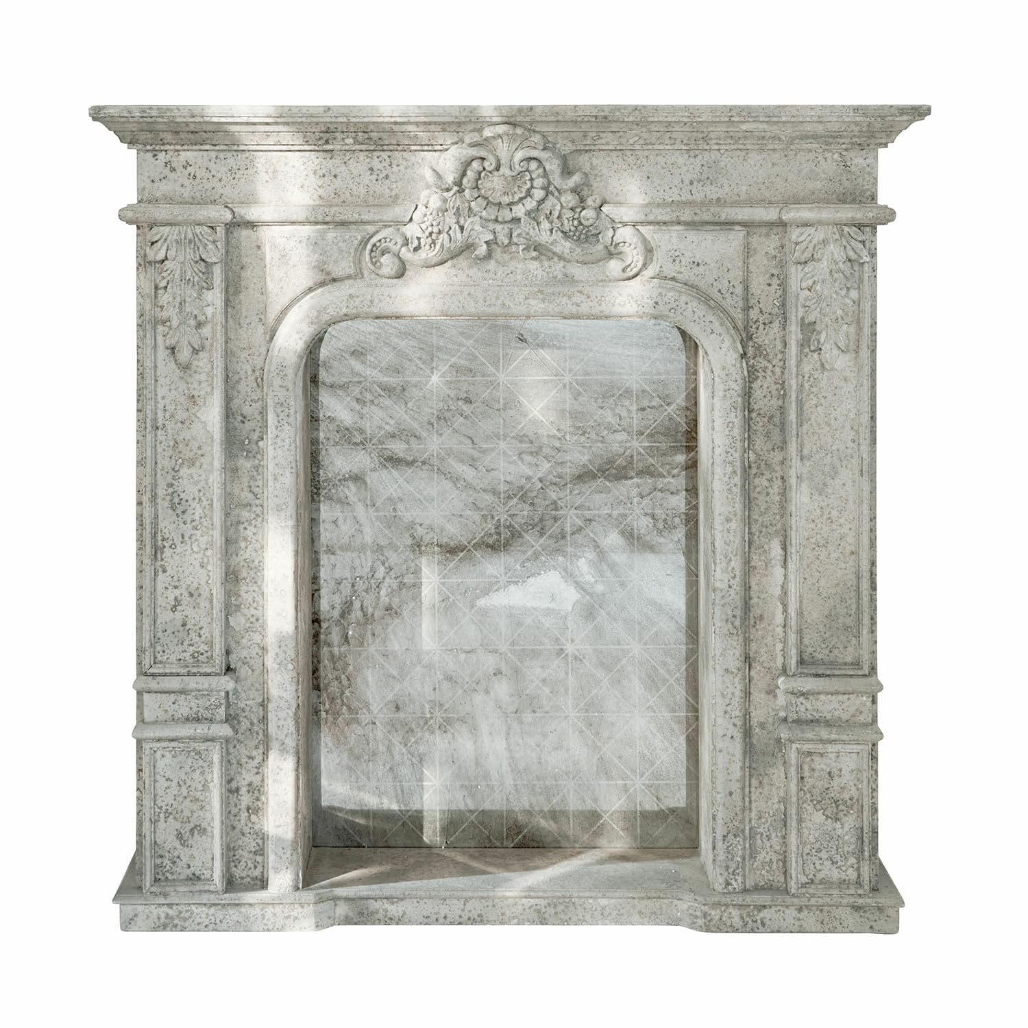 grau Graue Kaminkonsole aus Stein mit dekorativem Relief, klassisches Wohnaccessoire