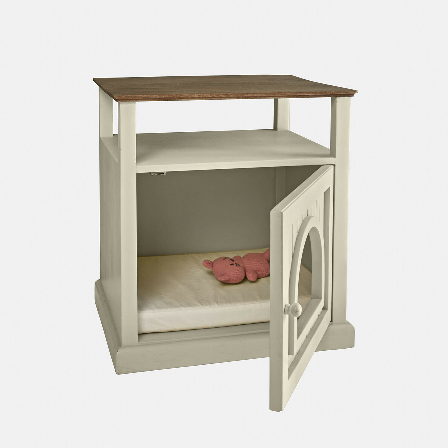 Katzenhaus Miresas Weißes Holzhaustierhaus mit brauner Ablagefläche und weicher Matte mit rosa Plüschtier