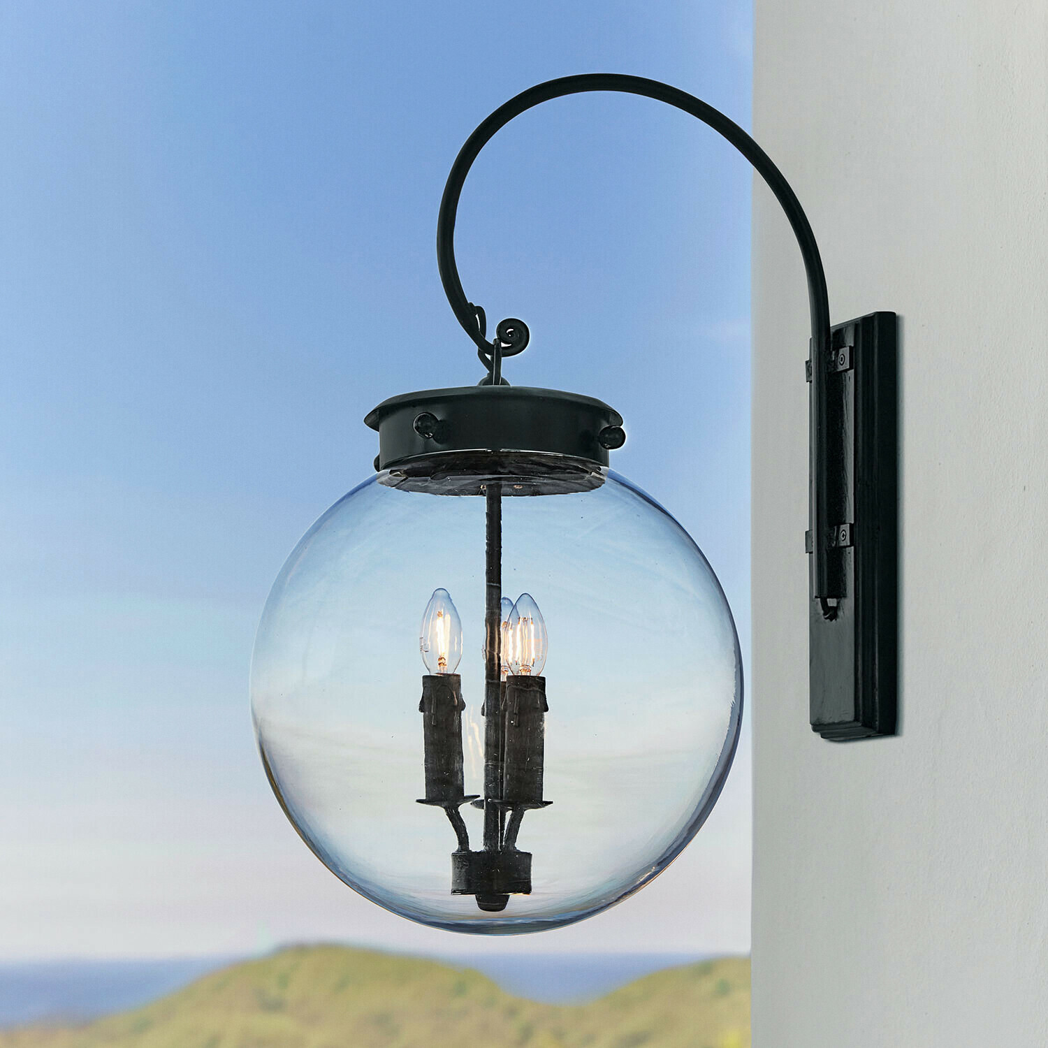Außenwandlampe Serenaro Schwarze Metall-Wandleuchte mit klarem Glaskugel und drei LED-Lampen für Außenbeleuchtung