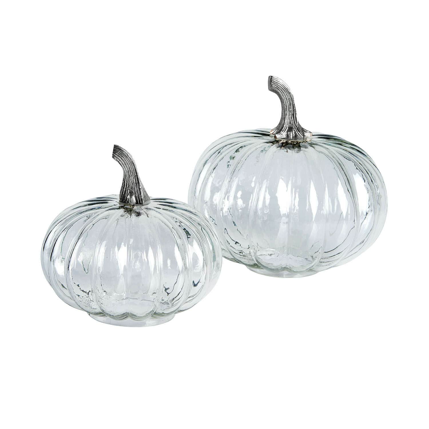 Kürbis 2er Set Perlouin Dekorative durchsichtige Glas-Kürbisse mit metallischen Stielen für herbstliche Deko