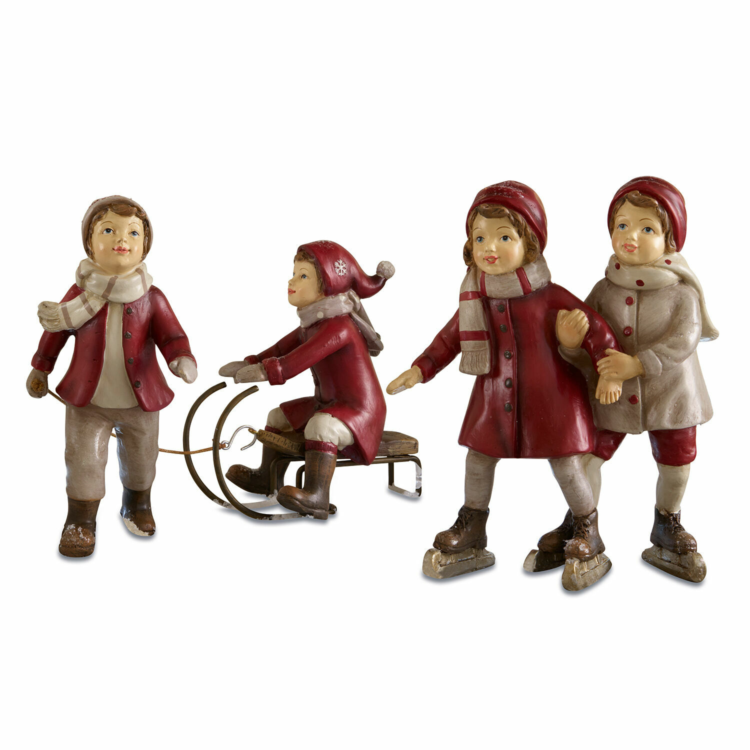 bunt Bunte Kinderfiguren in Winterkleidung mit Schlitten und Schlittschuhen, Weihnachtsdeko