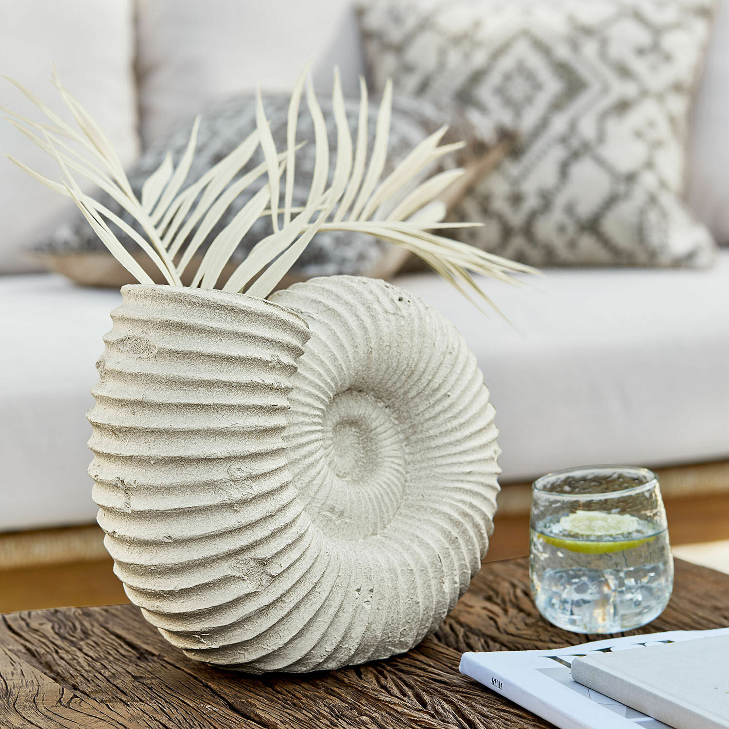 Vase Korrellin Dekorativer Betonschalen-Vase in Muschelform mit hellen Blättern auf Holztisch im Wohnzimmer