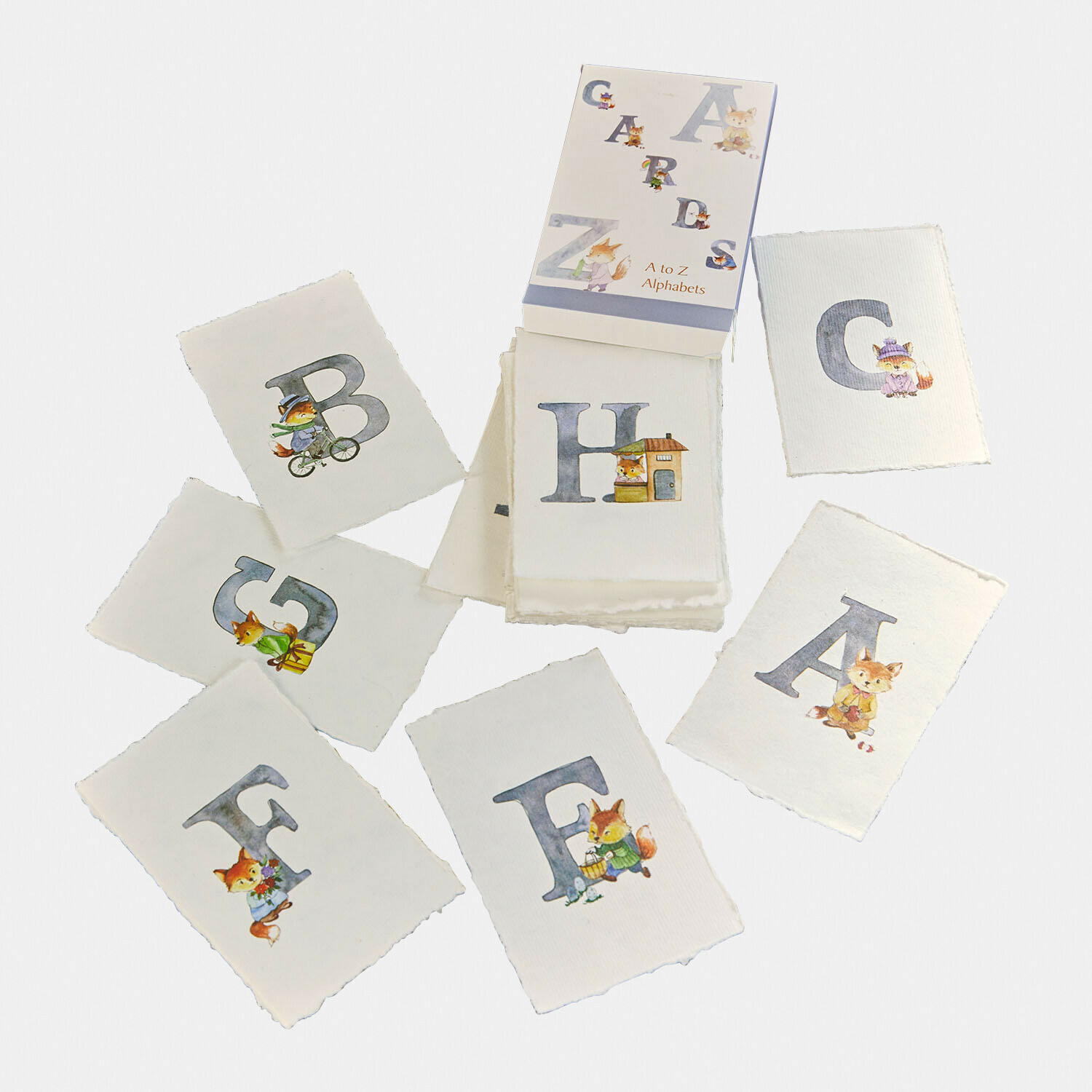Karten Garélie Alphabet-Kartenset von A bis Z mit Fuchsillustrationen auf weißem Papier für Kinder