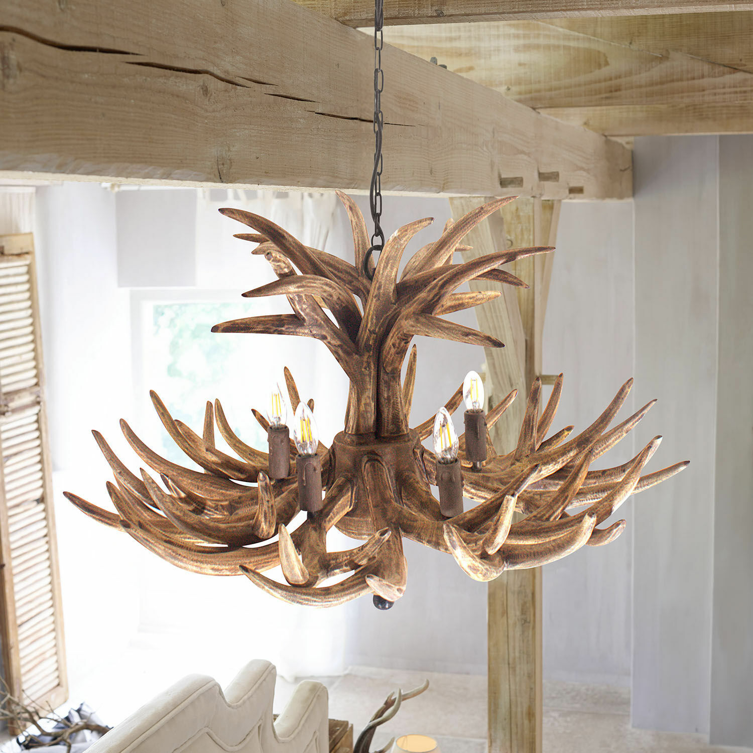 Leuchter Ardin Rustikaler Kronleuchter aus Holz in Geweihoptik, braun, dekorative Beleuchtung für Wohnzimmer