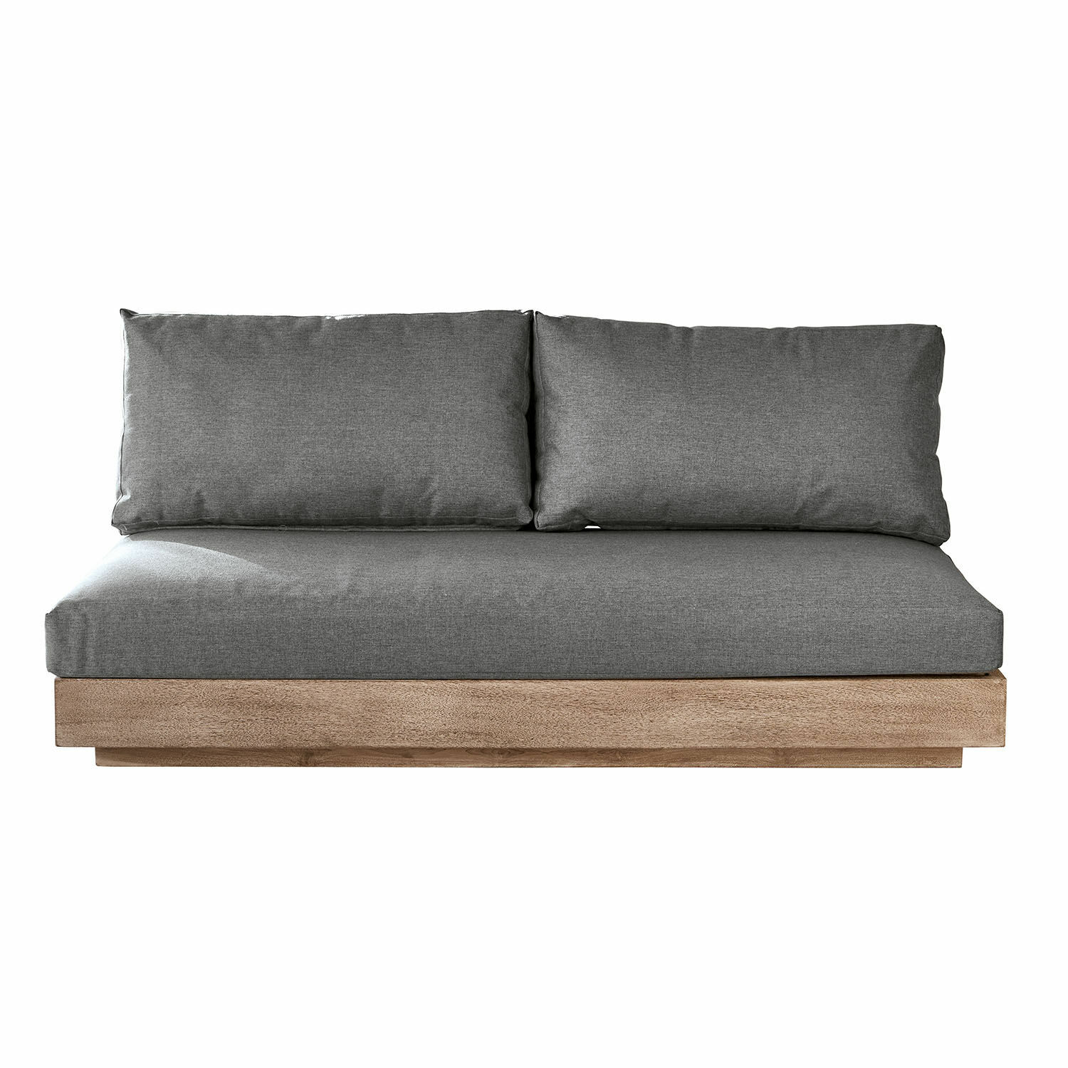 grau/braun Sofaelement mit grauem Stoffbezug und brauner Holzunterlage, modernes Sitzmöbel