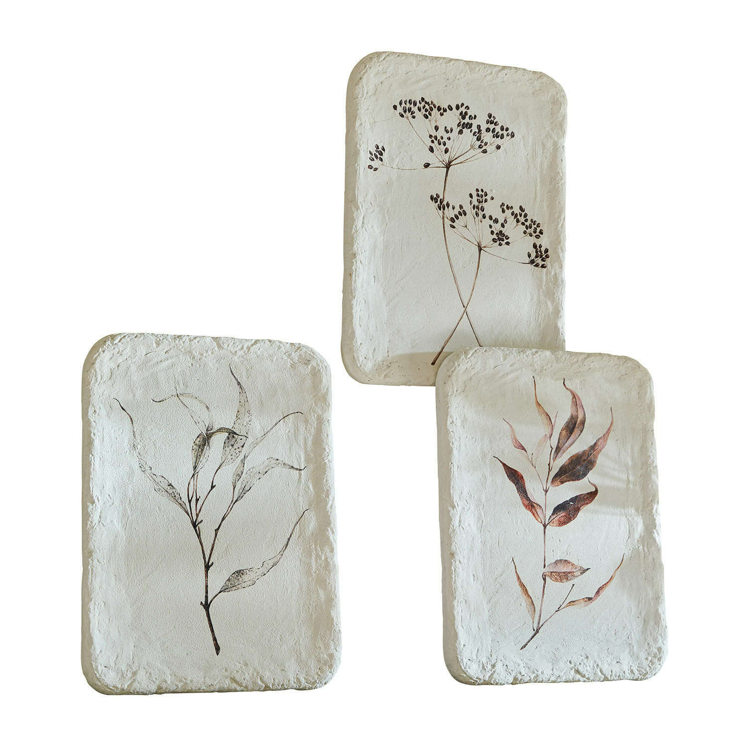 Bild 3er Set Hillsdale Set aus drei weißen Keramiktabletts mit getrockneten Pflanzenmotiven, natürliche Wohnaccessoires