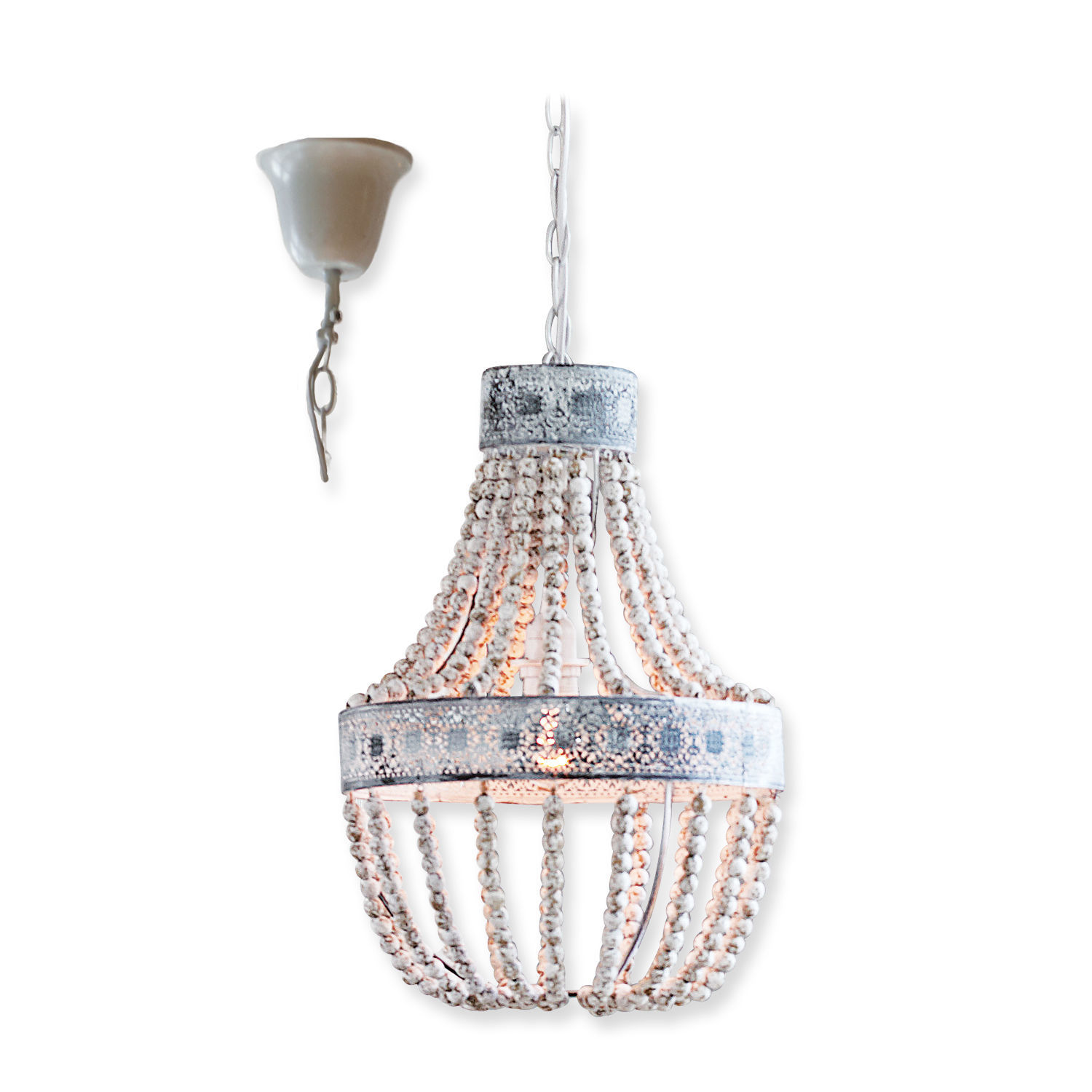 Hängelampe Valcourt Hängelampe aus weißen Holzperlen mit Metallring im Vintage-Stil für Wohnraumbeleuchtung