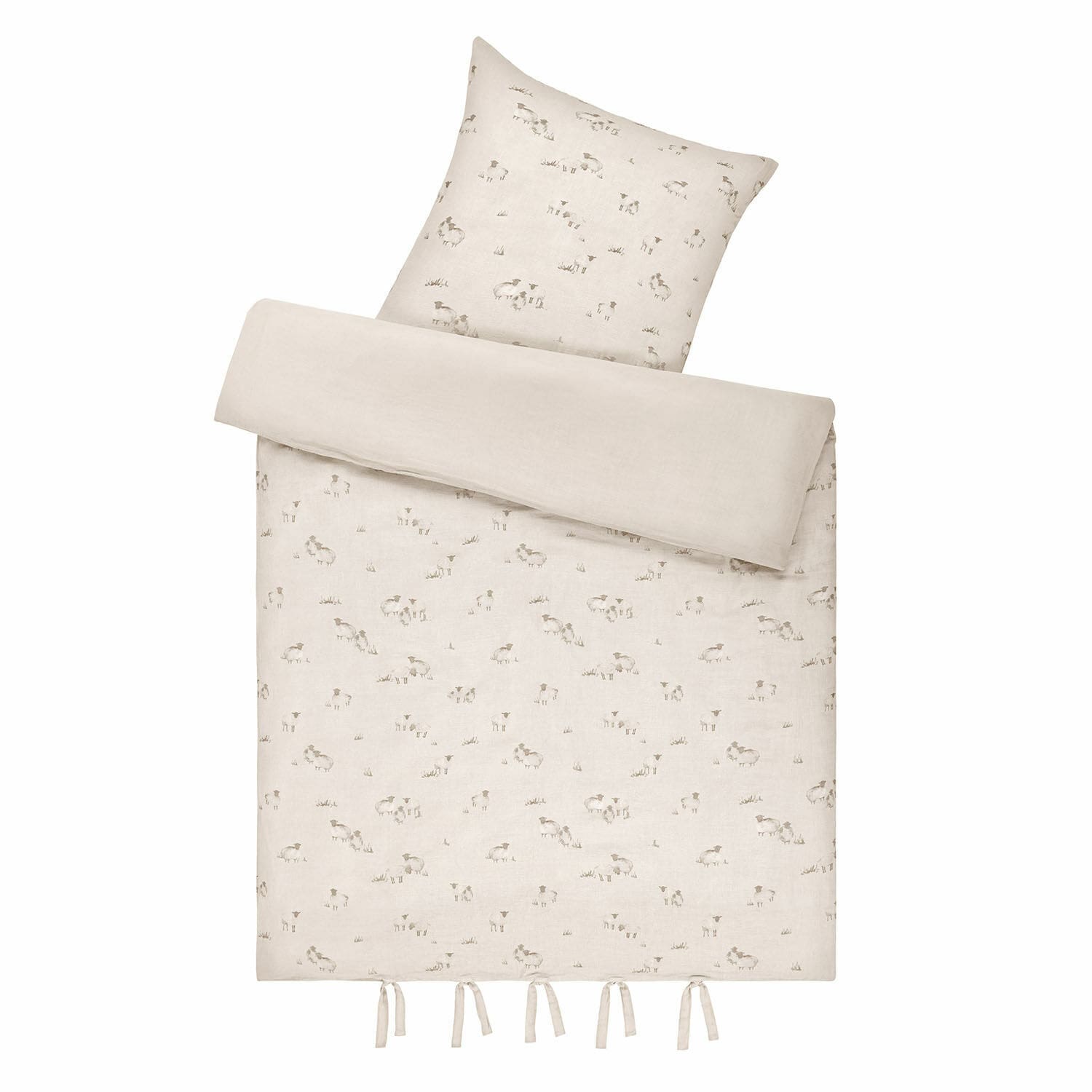 Bettwäsche Erianna Leinen-Bettwäsche in hellem Beige mit zartem Schafmuster und Bindebändern am Saum, Naturmaterial
