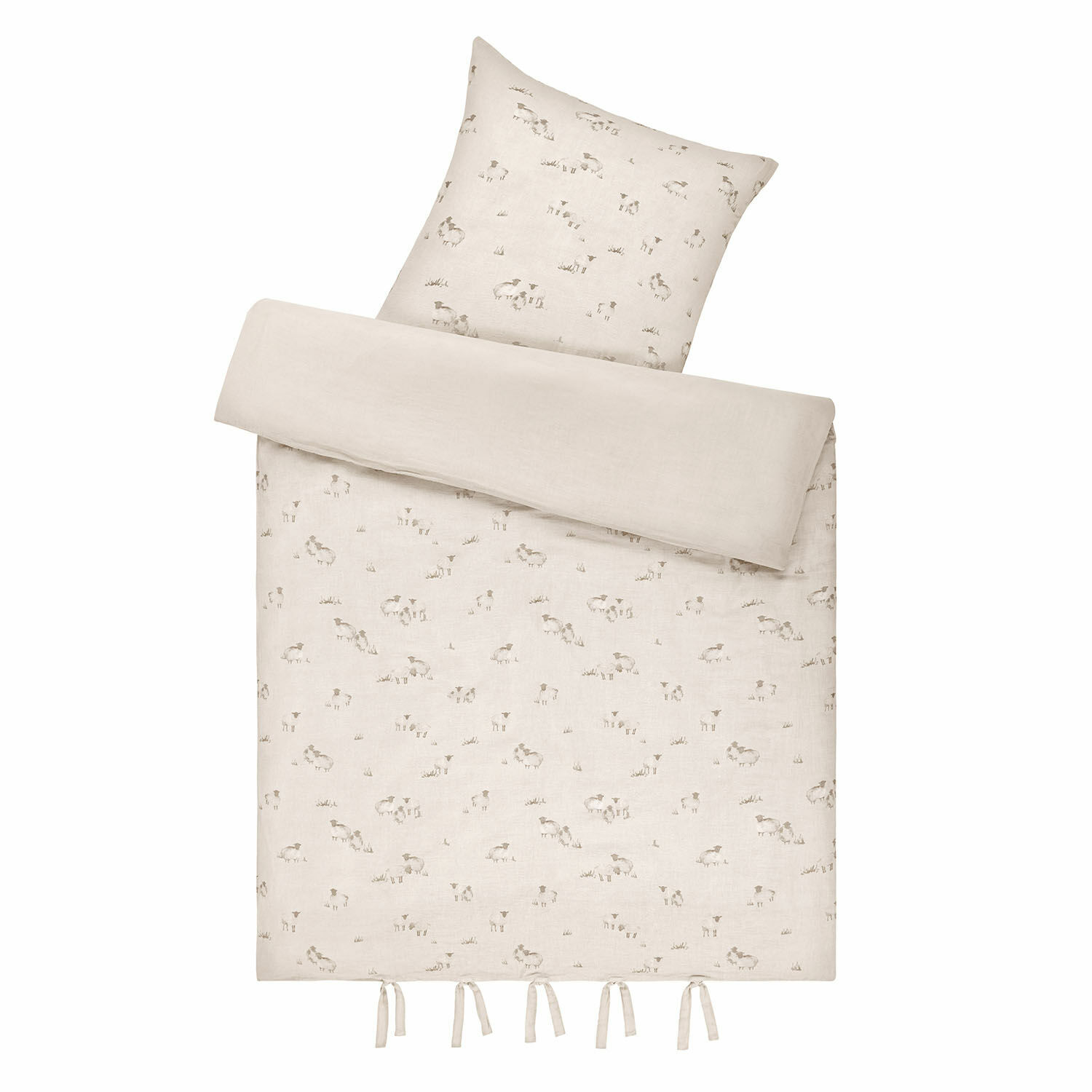 Bettwäsche Erianna Leinen-Bettwäsche in hellem Beige mit zartem Schafmuster und Bindebändern am Saum, Naturmaterial