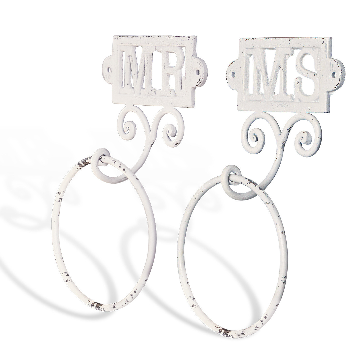Handtuchhalter 2er Set Vitrolles Weiße Metall-Handtuchhalter mit MR- und MS-Schriftzug im Vintage-Stil für Badezimmer